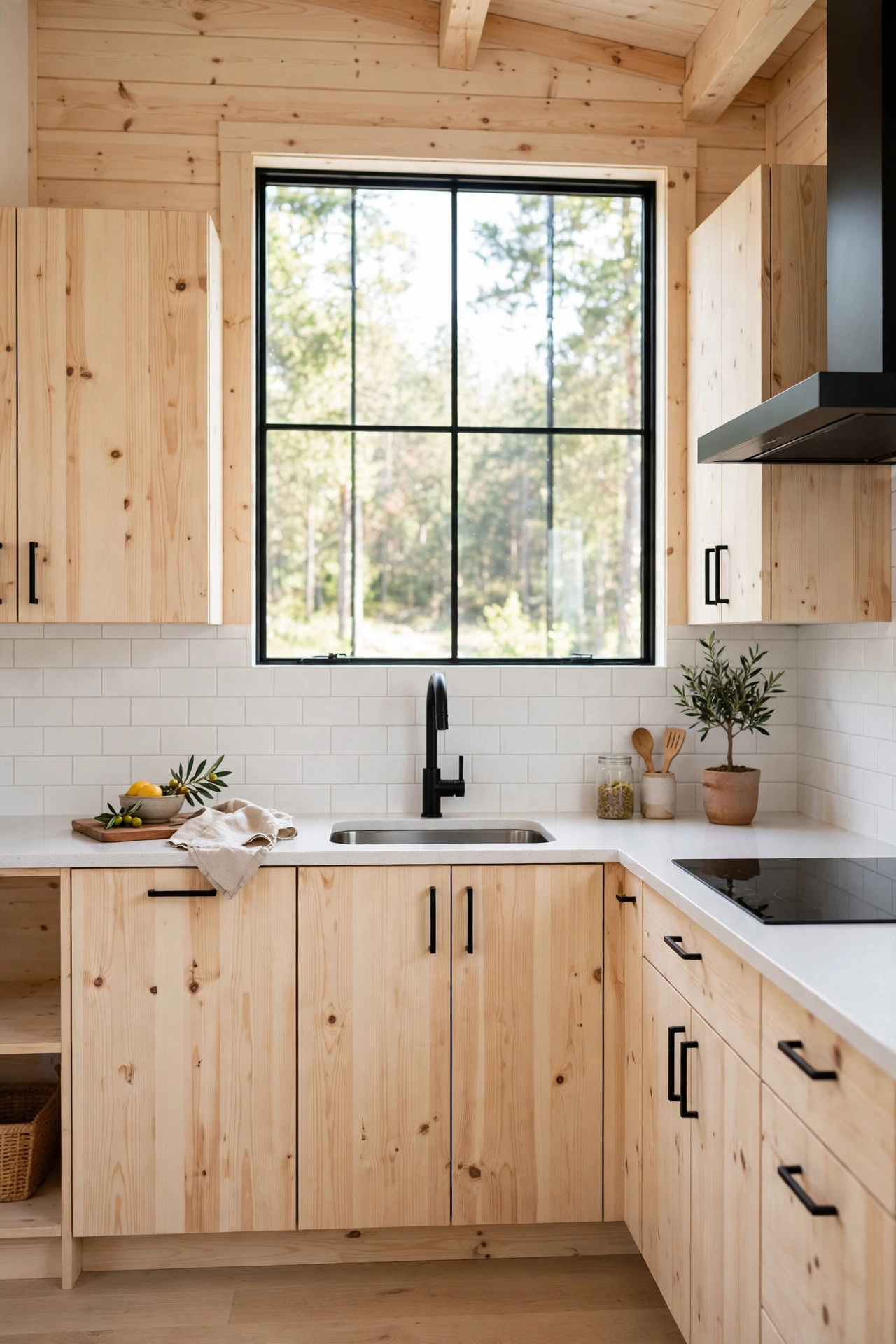 Minimalist cabin kitchen with light pine cabinets, white quartz counters, and black hardware