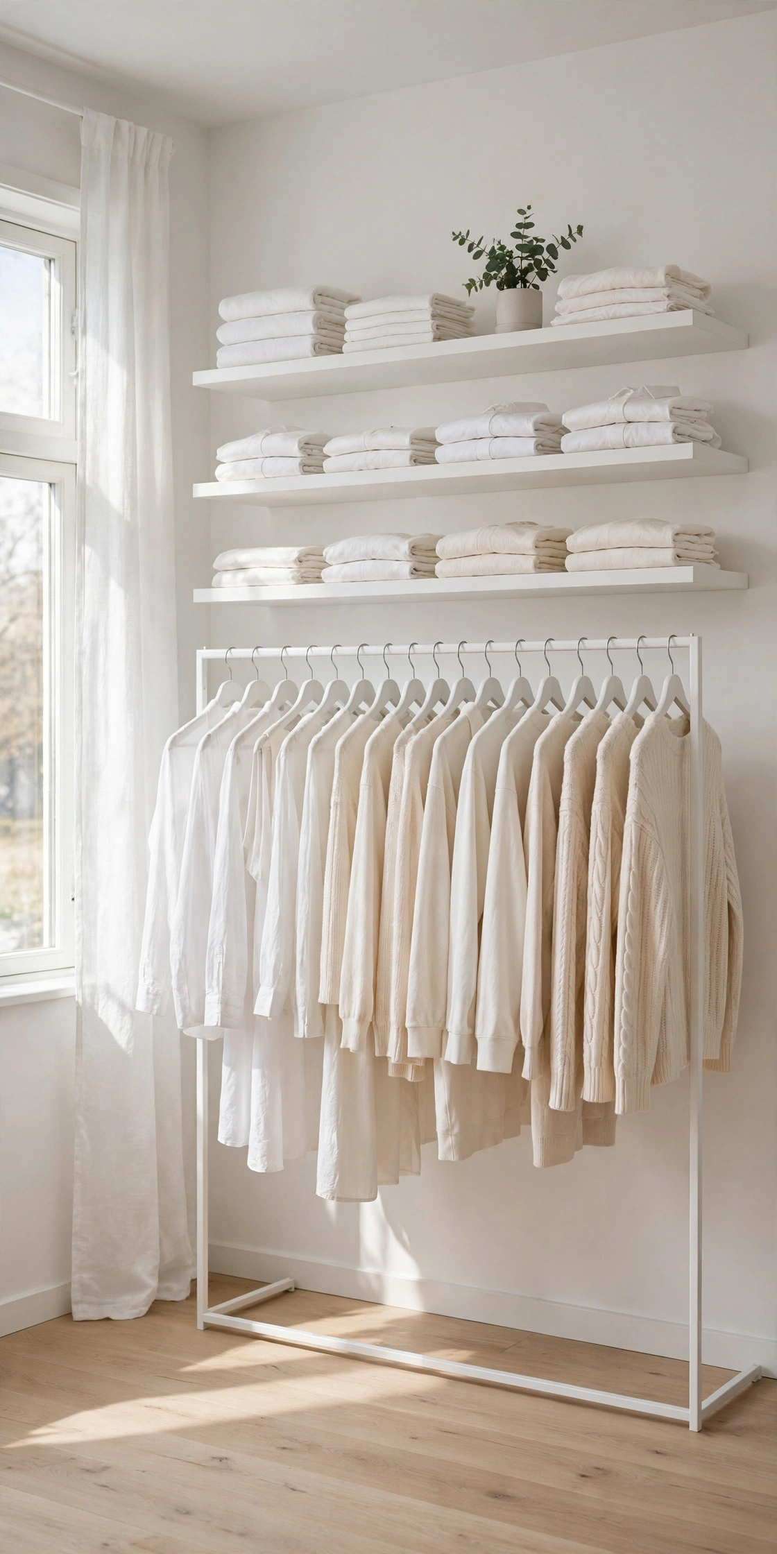 All-white Scandinavian open closet with color-arranged garments and floating shelves