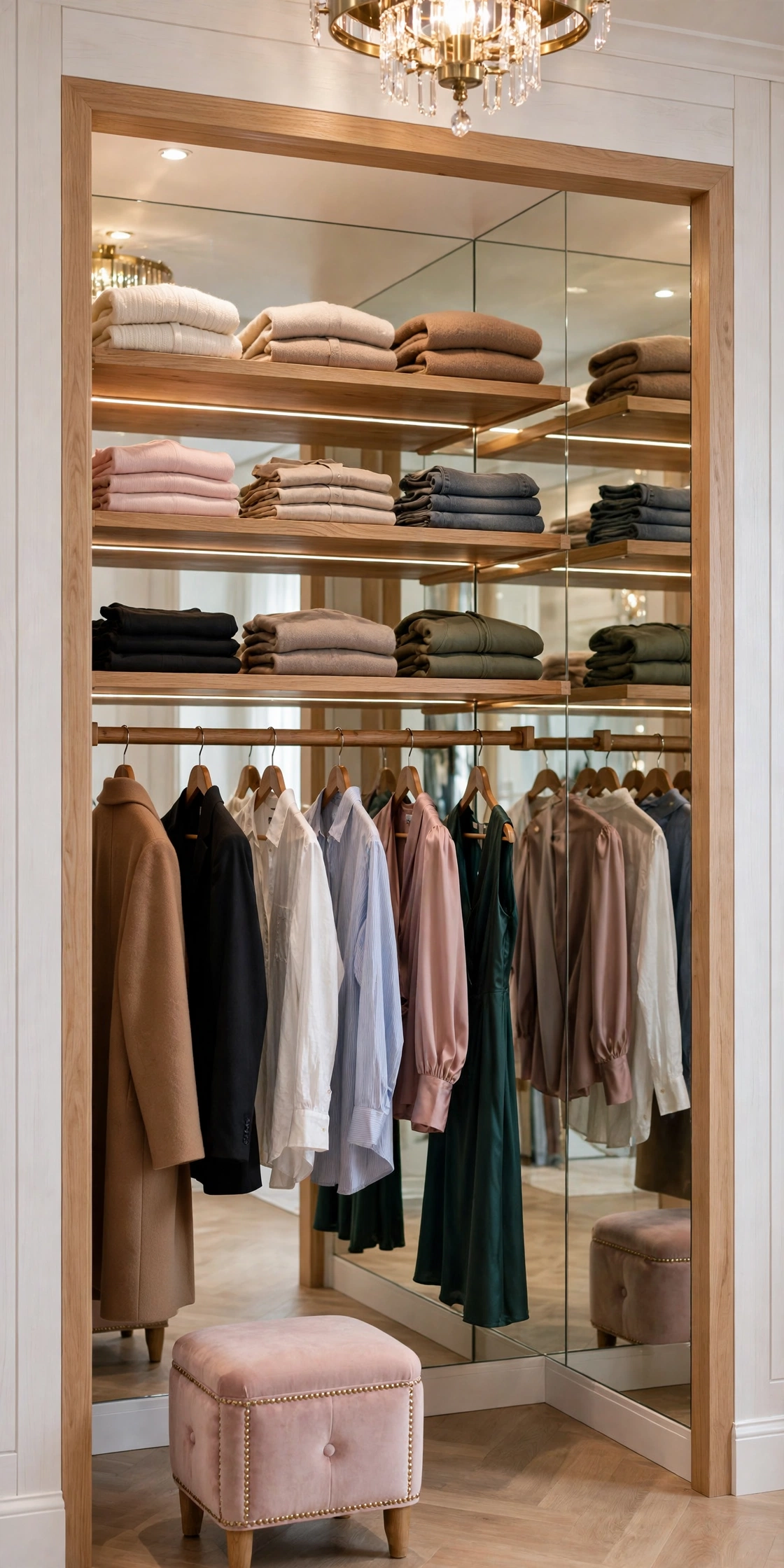 Open closet with full-wall mirror behind clothing rod and shelves doubling visual depth