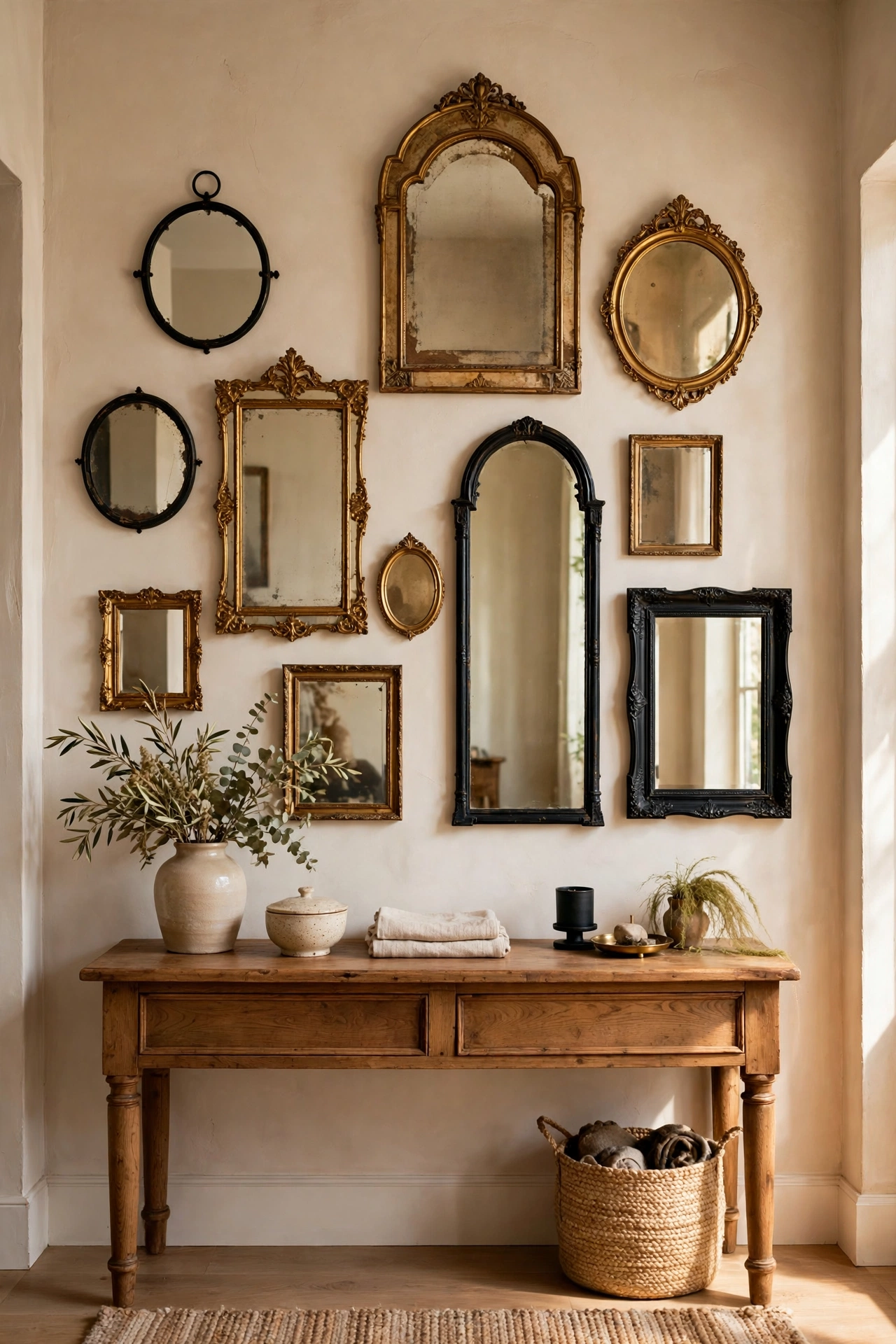 Gallery wall of assorted vintage mirrors in different shapes on an entryway wall