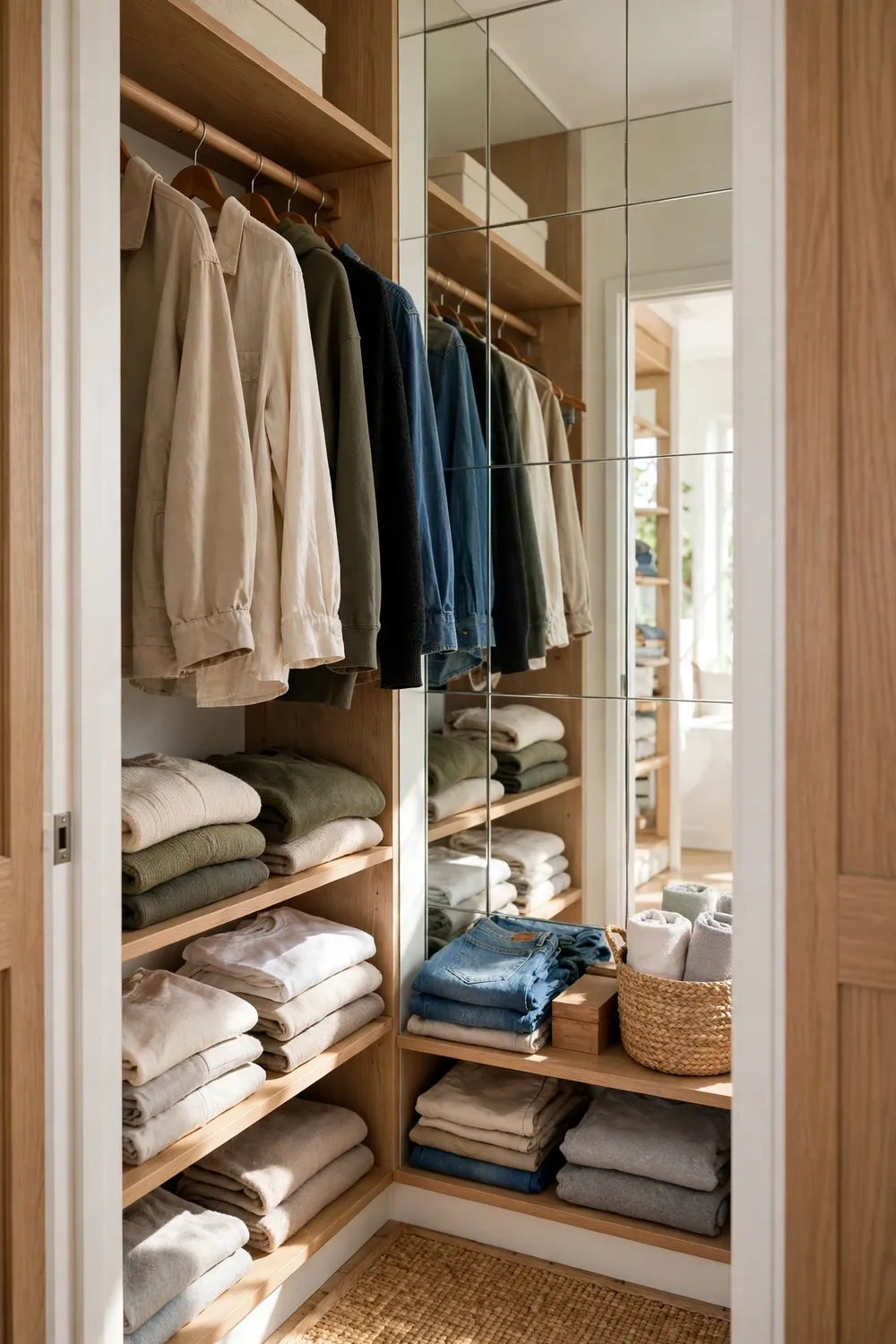 Closet with mirrored panels on the back wall making the space look larger
