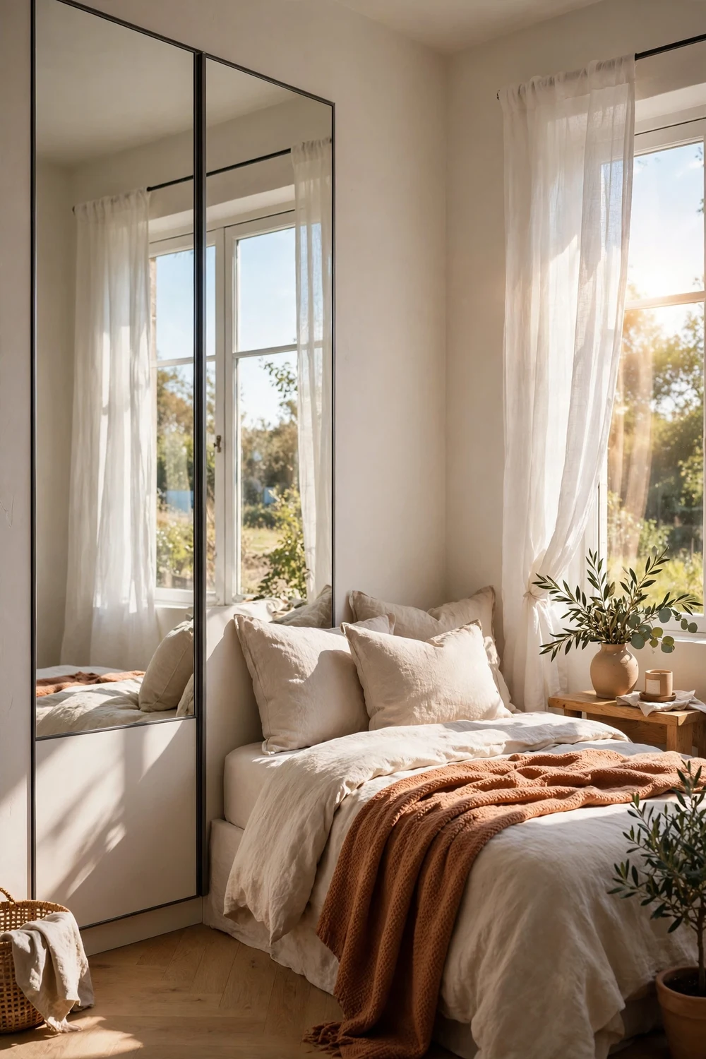 Small bedroom with fitted wardrobe with full mirrored doors reflecting window light