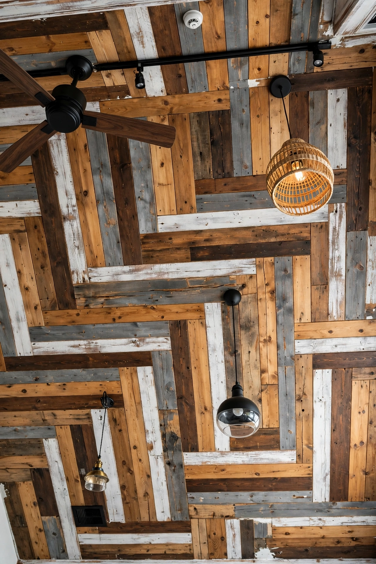 Patchwork ceiling with mixed wood stain tones in an eclectic living room