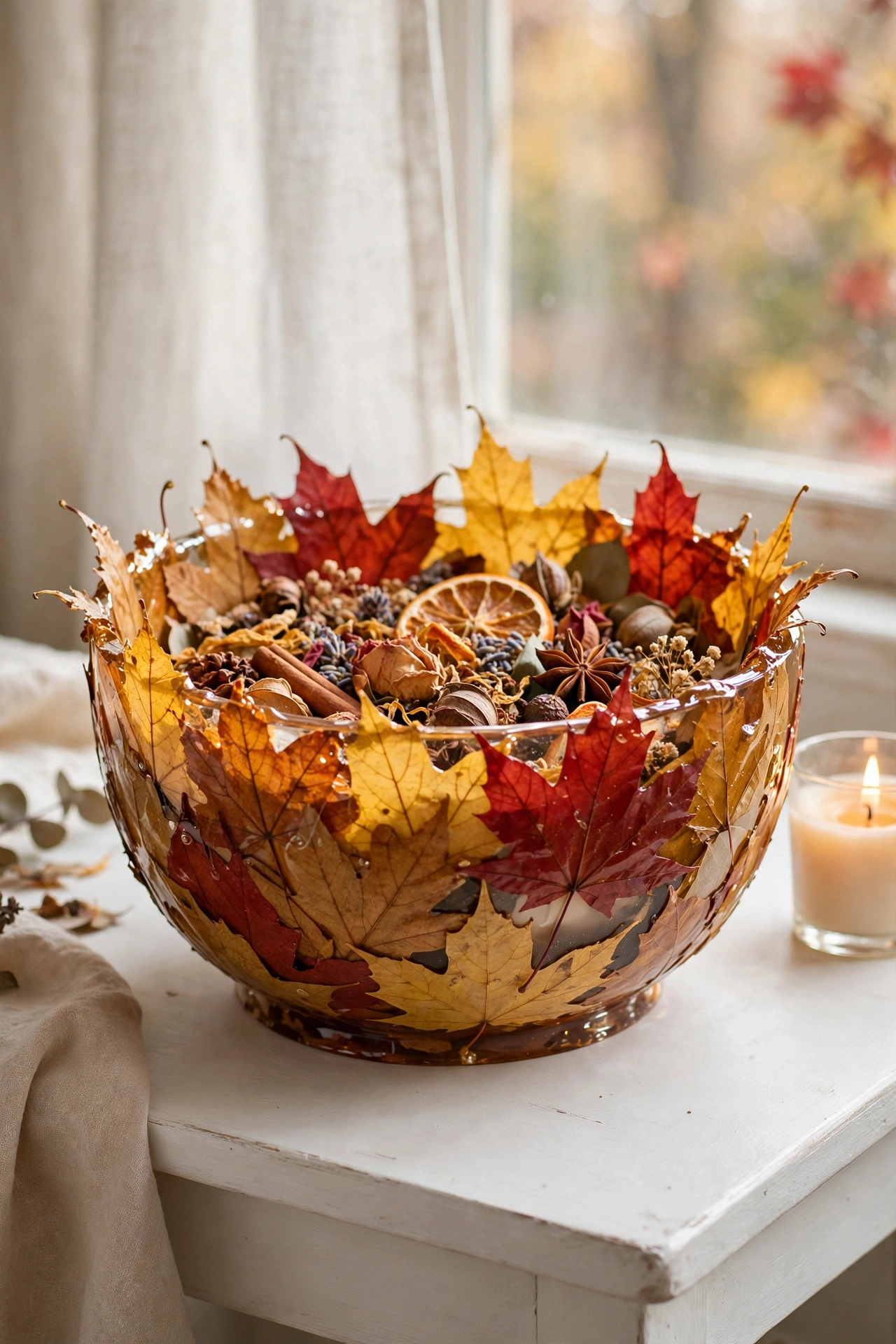 Delicate bowl made from layered autumn leaves sealed with Mod Podge holding potpourri