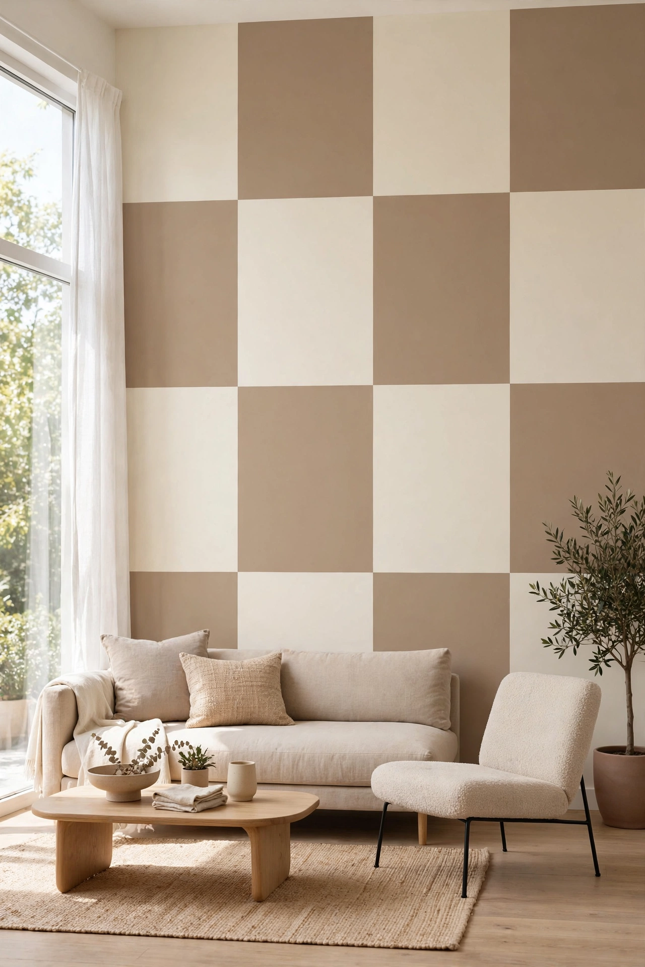 Modern living room wall with large cream and taupe checkerboard squares