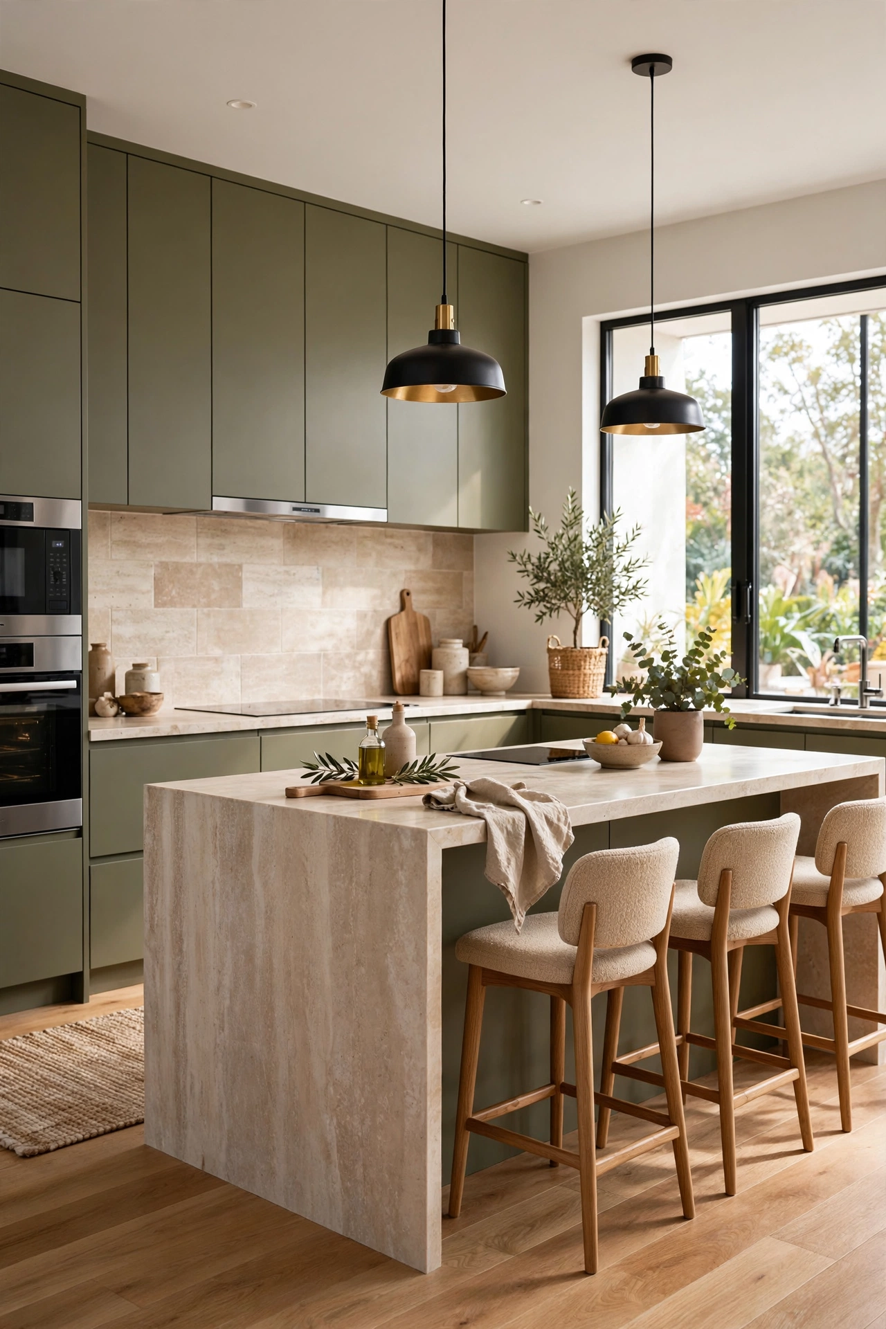 Modern kitchen with flat-panel handleless olive cabinets and waterfall island