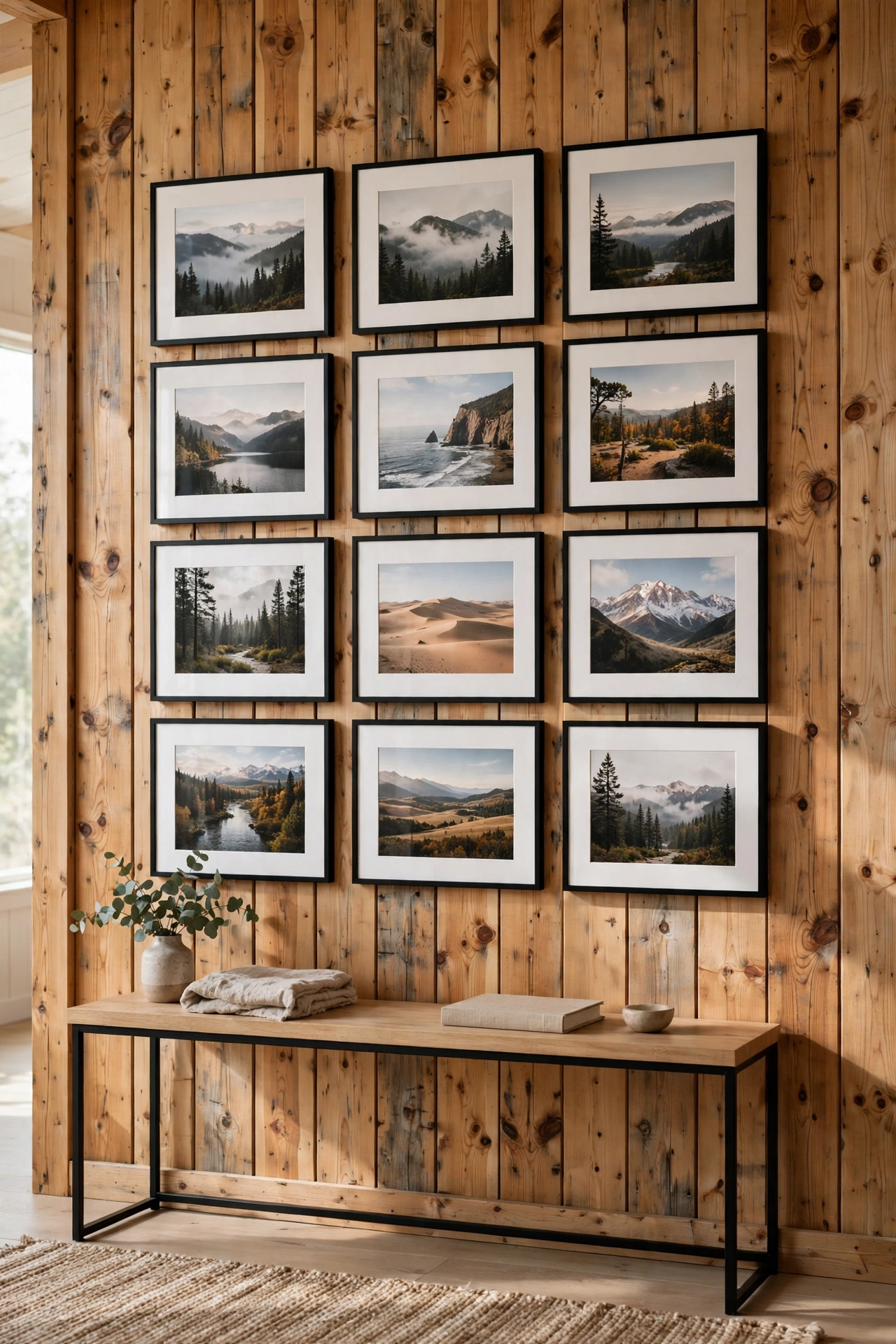 Minimal black-framed gallery wall with landscape prints on a pine cabin wall