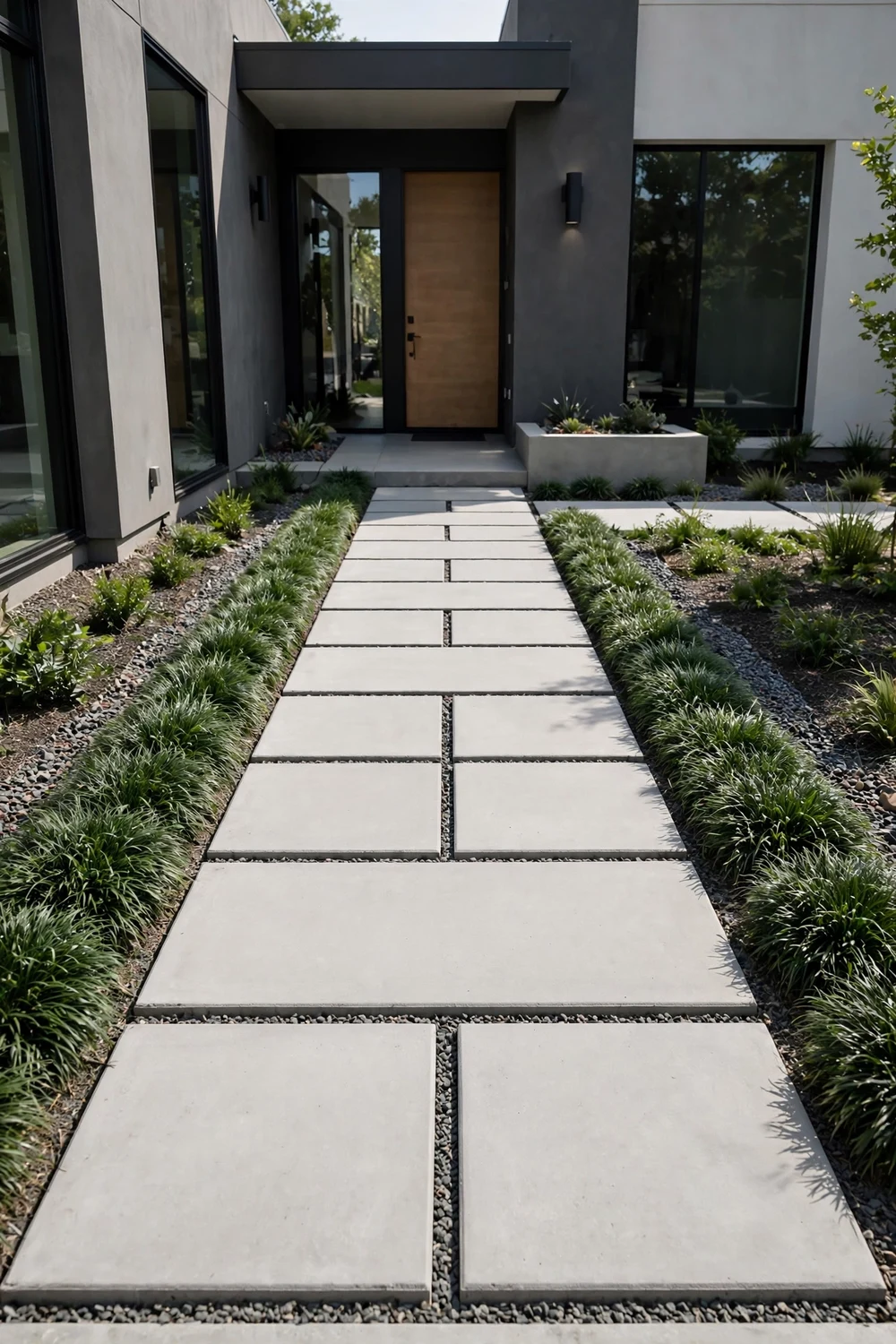 Modern minimalist front yard walkway made of large rectangular concrete pavers with dark gravel joints