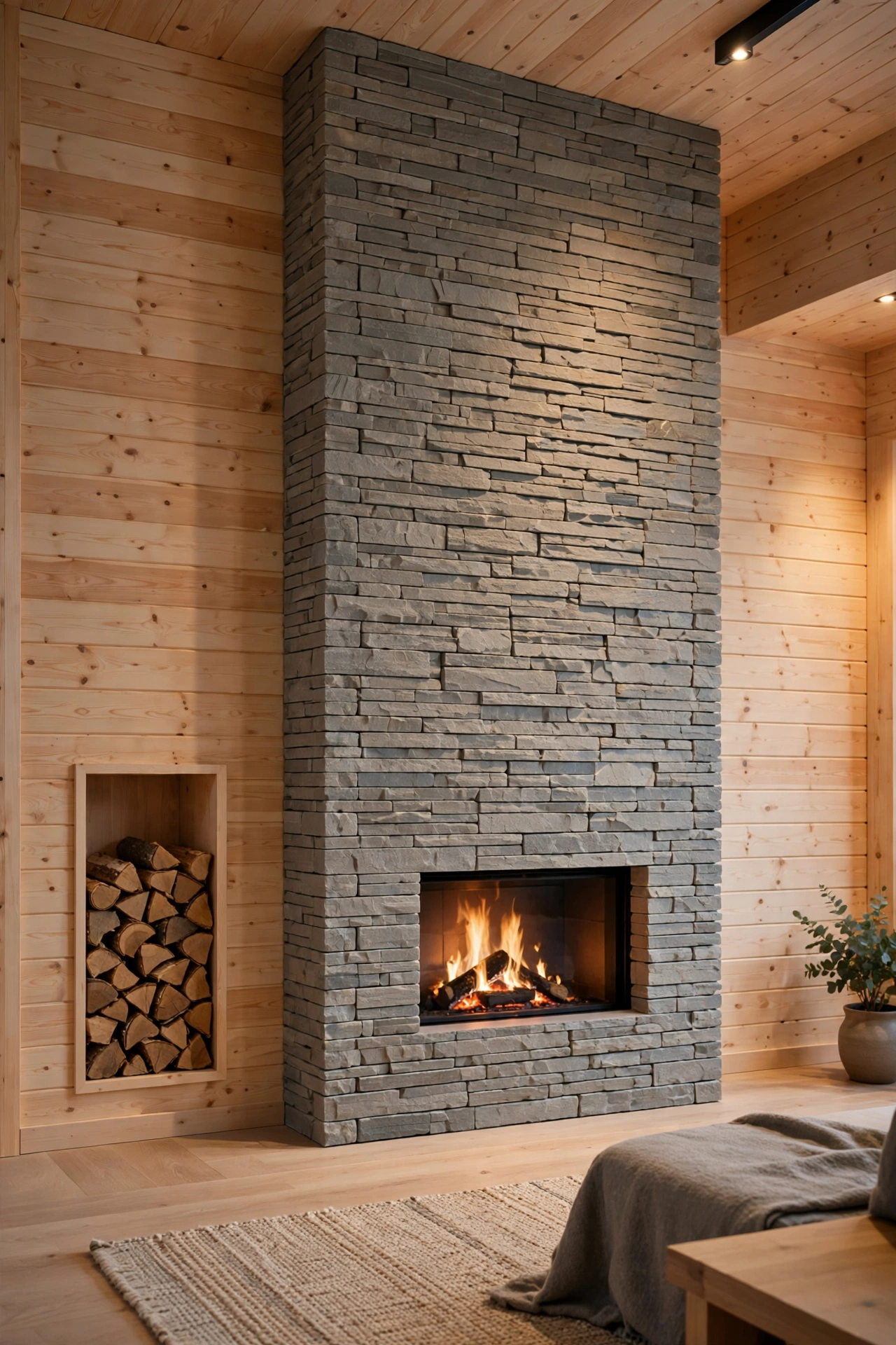 Modern floor-to-ceiling stone fireplace with clean lines in a pine cabin living room