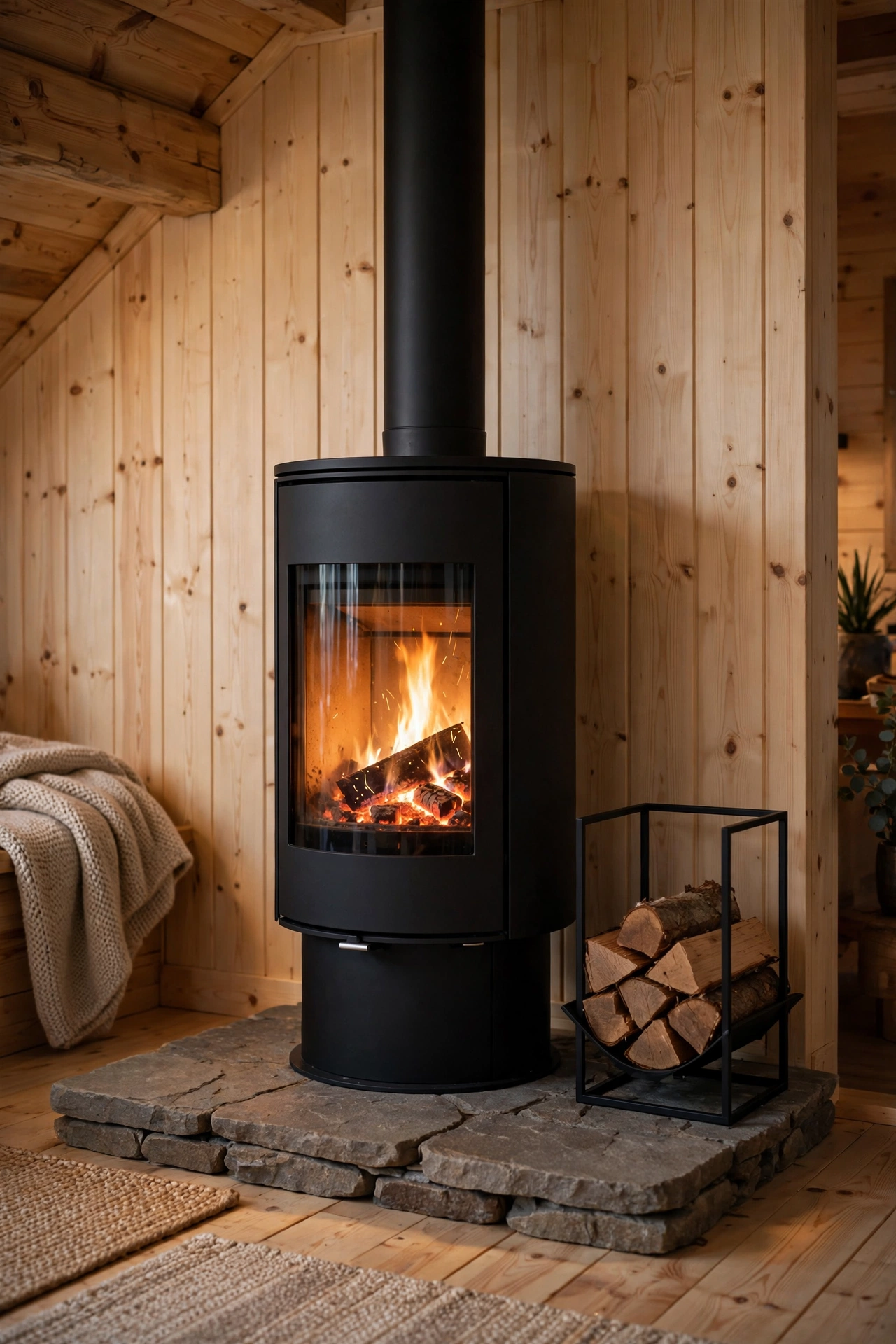 Modern black wood stove in a tiled nook against pine walls in a cabin