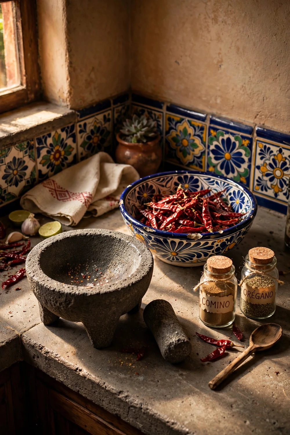 Volcanic stone molcajete with dried chiles and spices on a Mexican kitchen counter