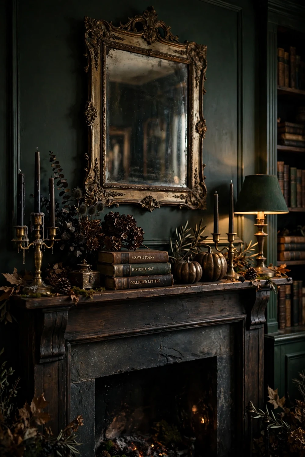 Moody dark academia fall mantel with dark candles vintage books and bronze pumpkins