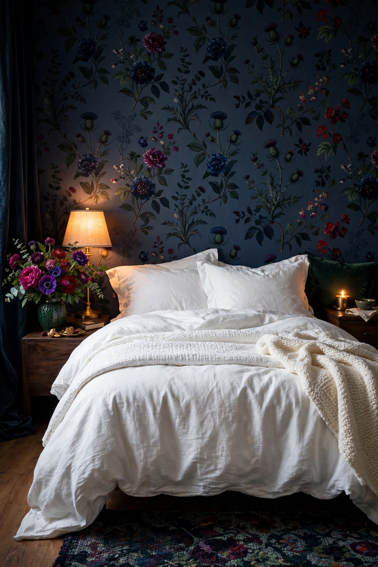Moody bedroom with dark navy floral botanical wallpaper and jewel-tone flowers