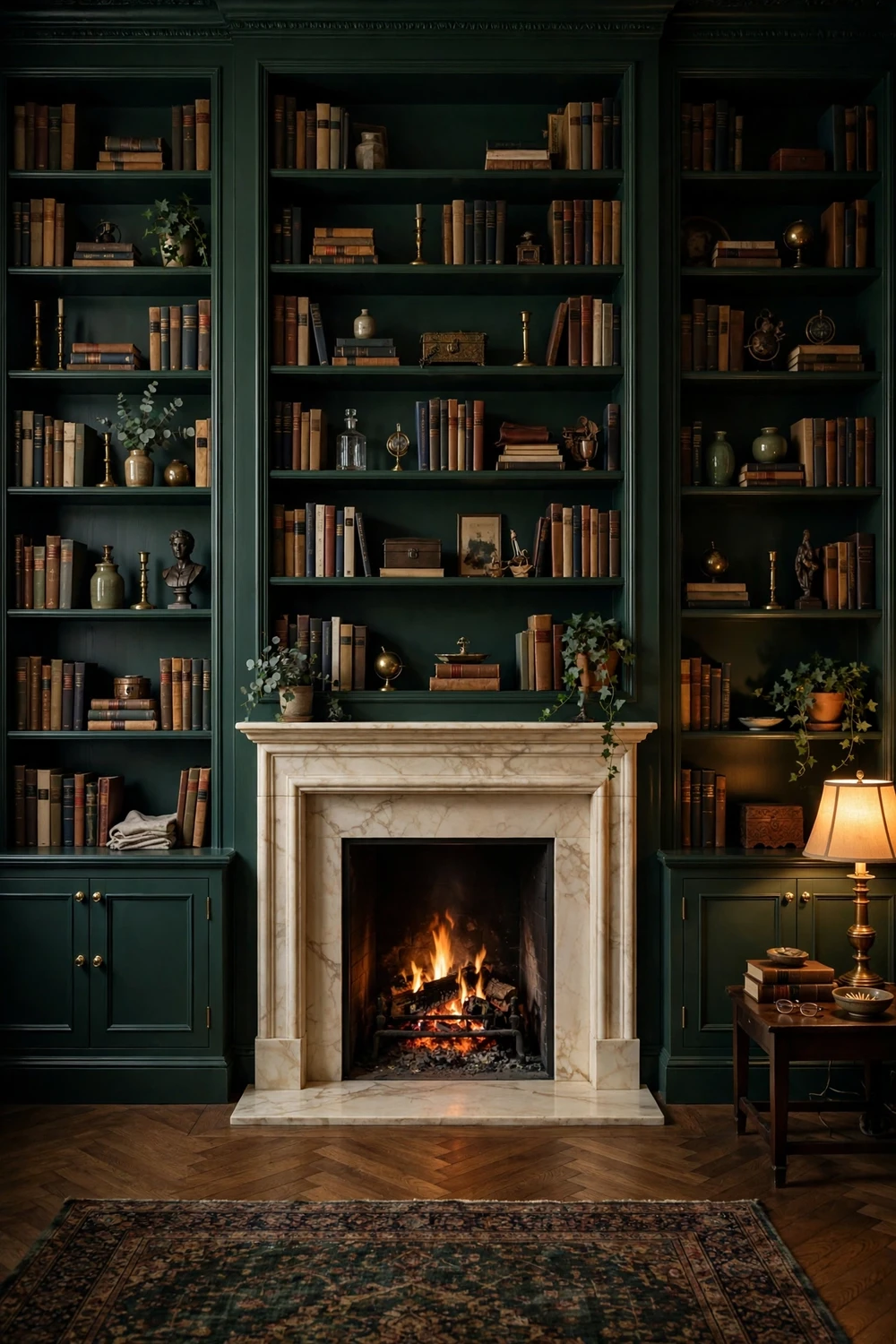 Deep green built-in bookshelves around a fireplace in a moody library style living room