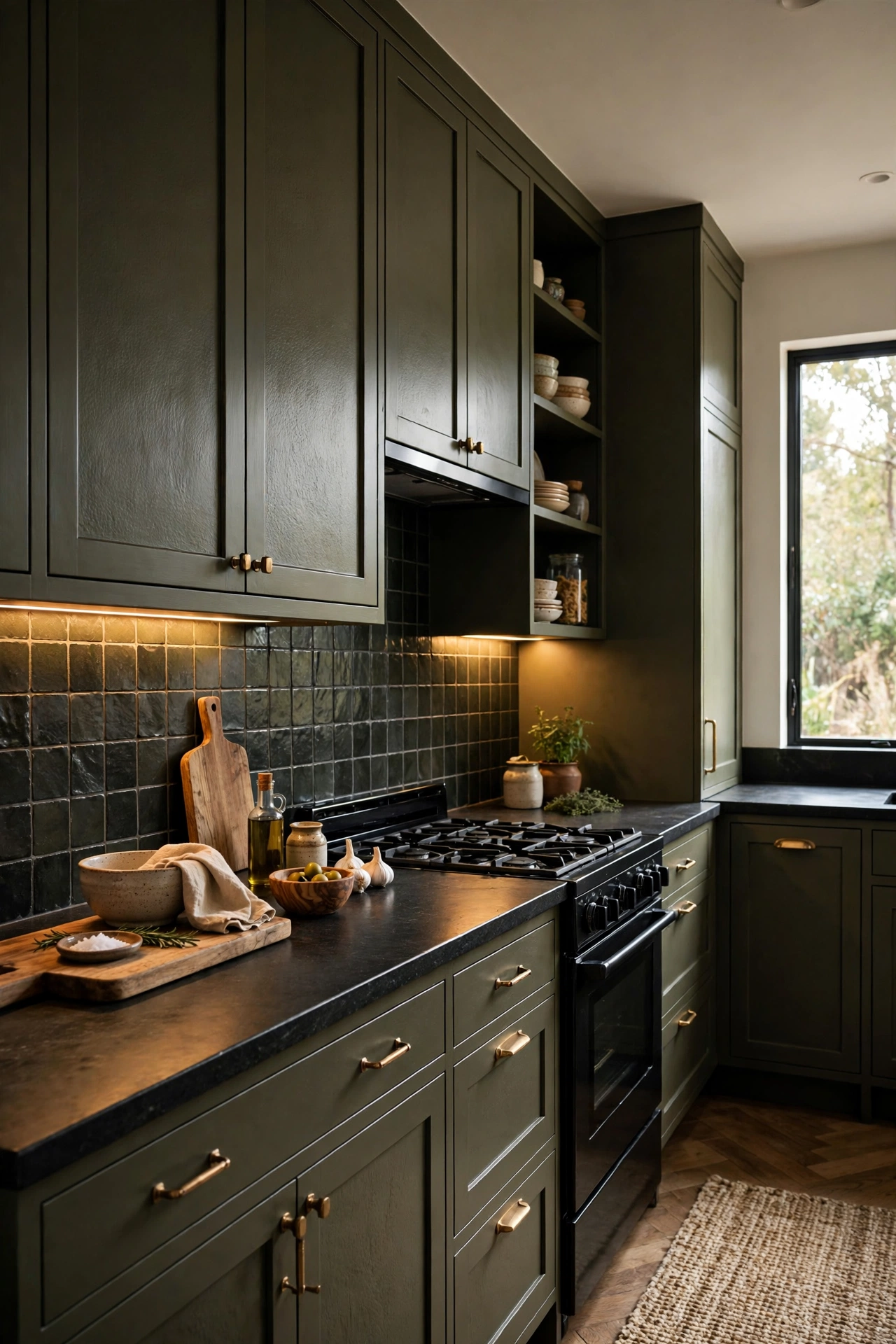 Moody kitchen with dark olive cabinets and honed black stone countertops