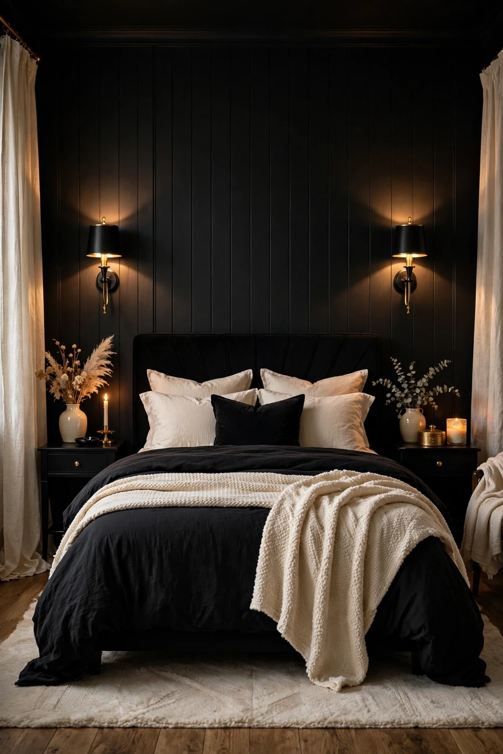 Bedroom with black and brass wall sconces flanking the bed casting warm light