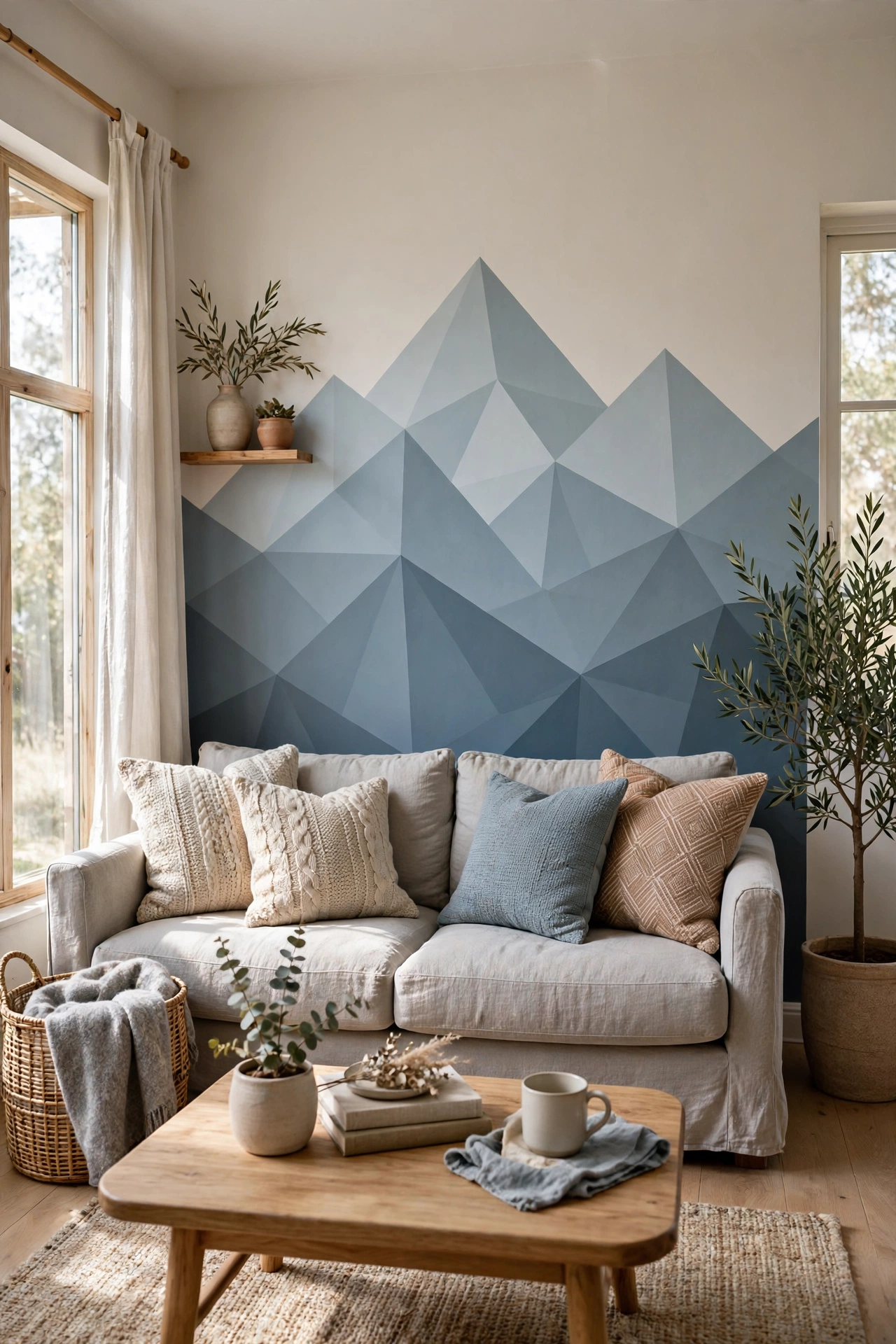 Cozy living room with muted blue-gray mountain mural behind the sofa