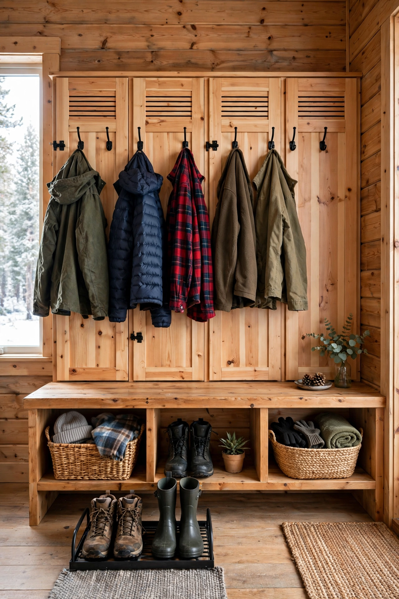 Cabin mudroom with pine storage lockers, hooks, and a bench