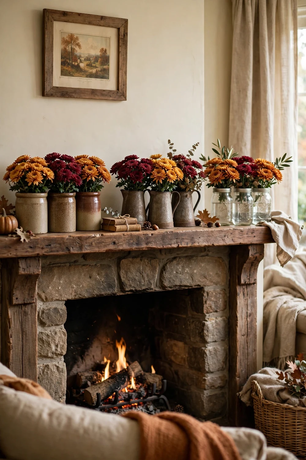 Chrysanthemums in vintage crocks lined across a fall fireplace mantel