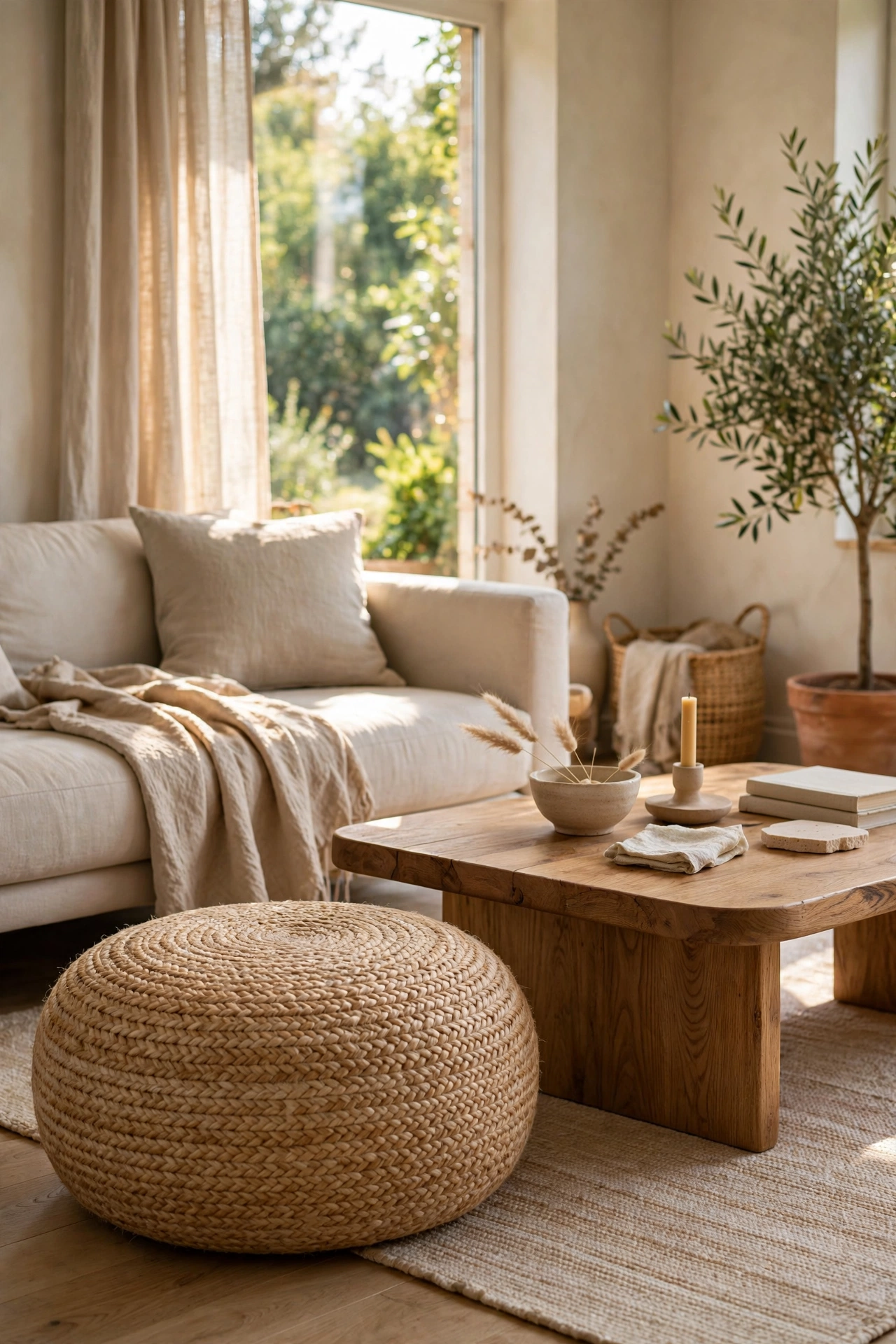 Round jute pouf as flexible seating in a neutral organic modern living room