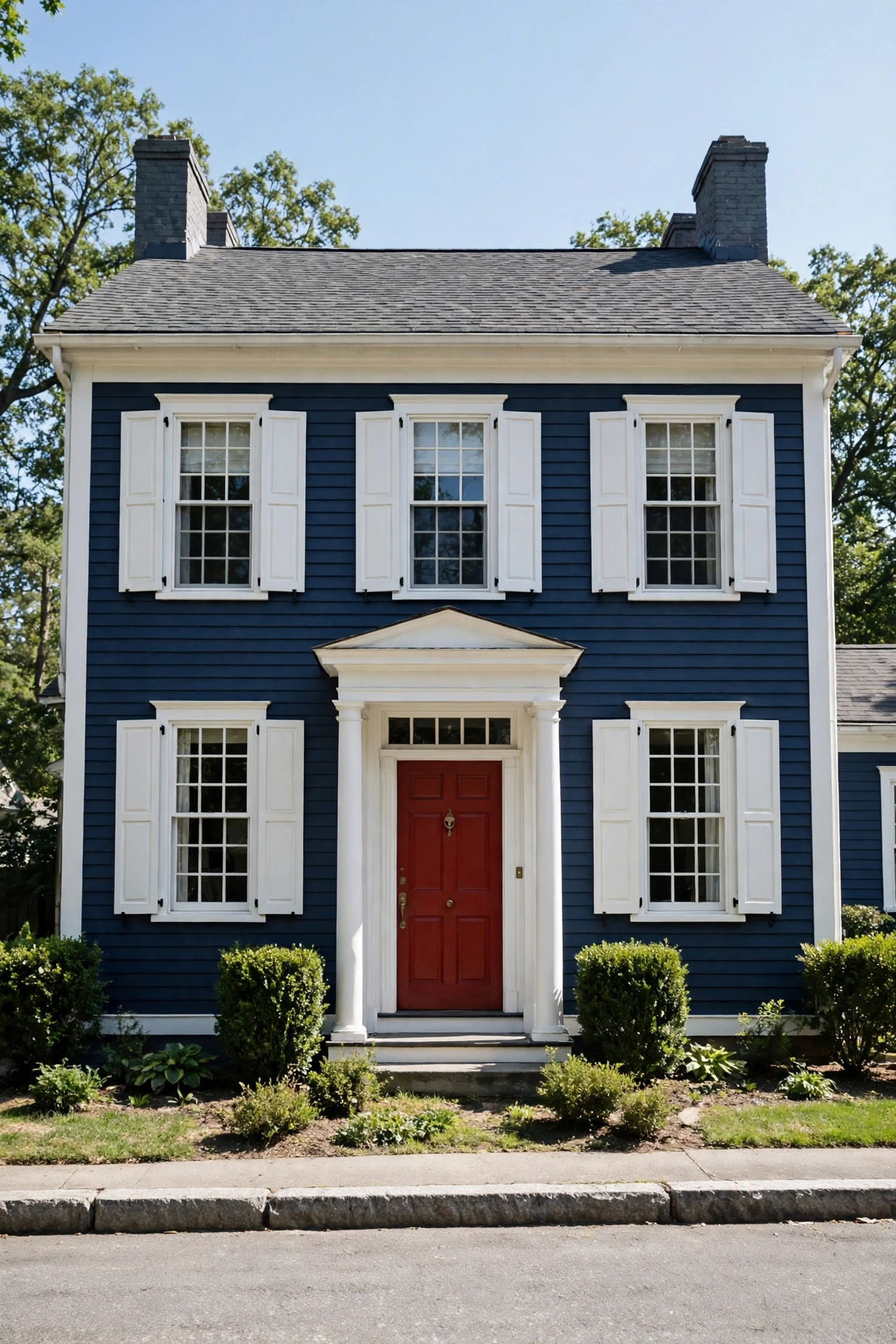 Navy blue colonial house with bright white trim and a classic red front door