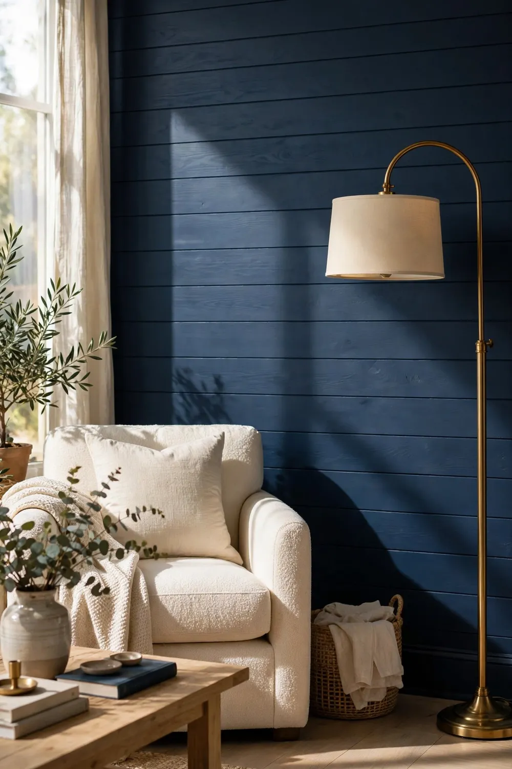 Moody living room accent wall with shiplap boards painted deep navy blue