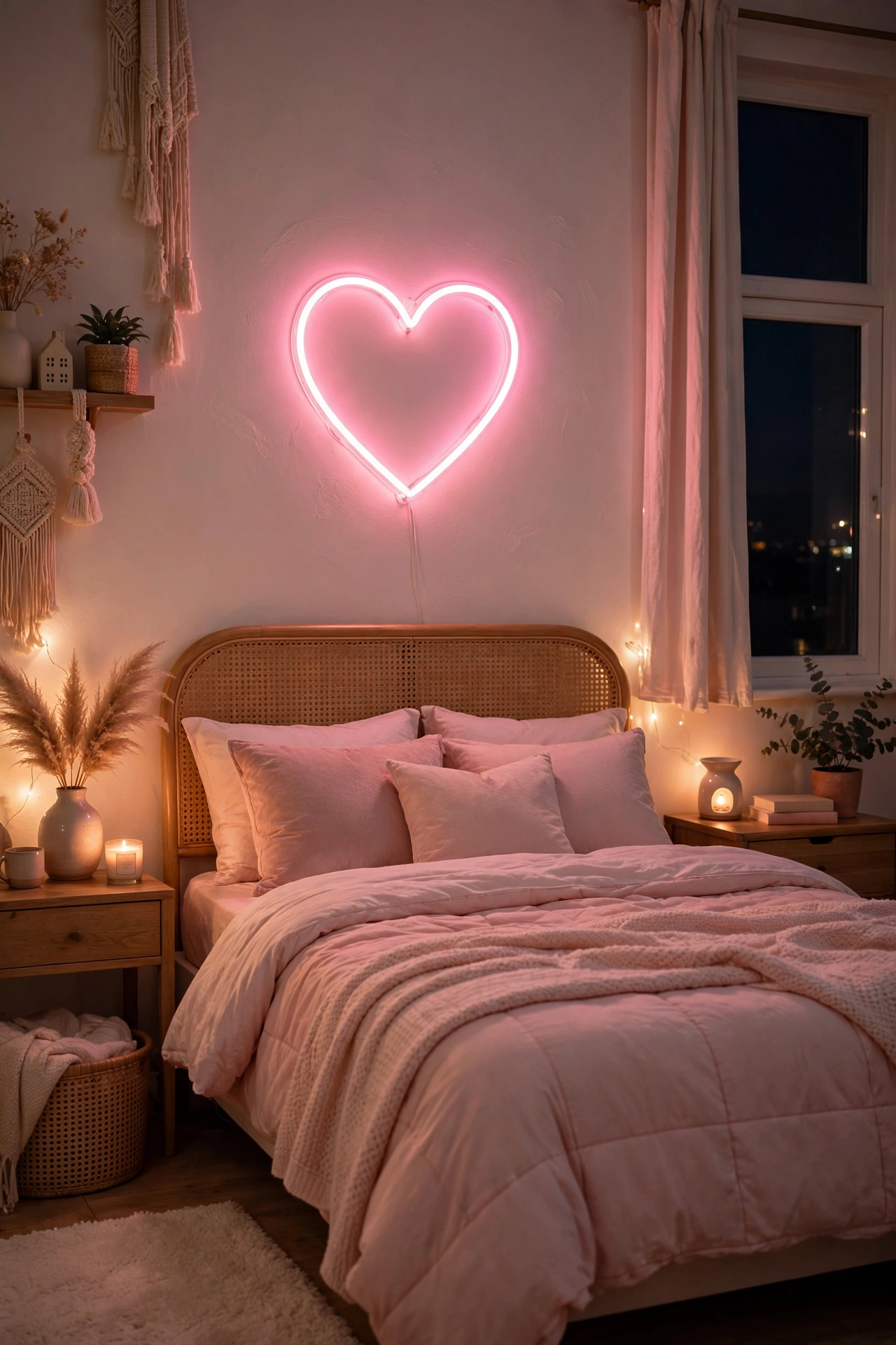 Teen bedroom at night with a soft pink heart-shaped LED glow sign above the bed