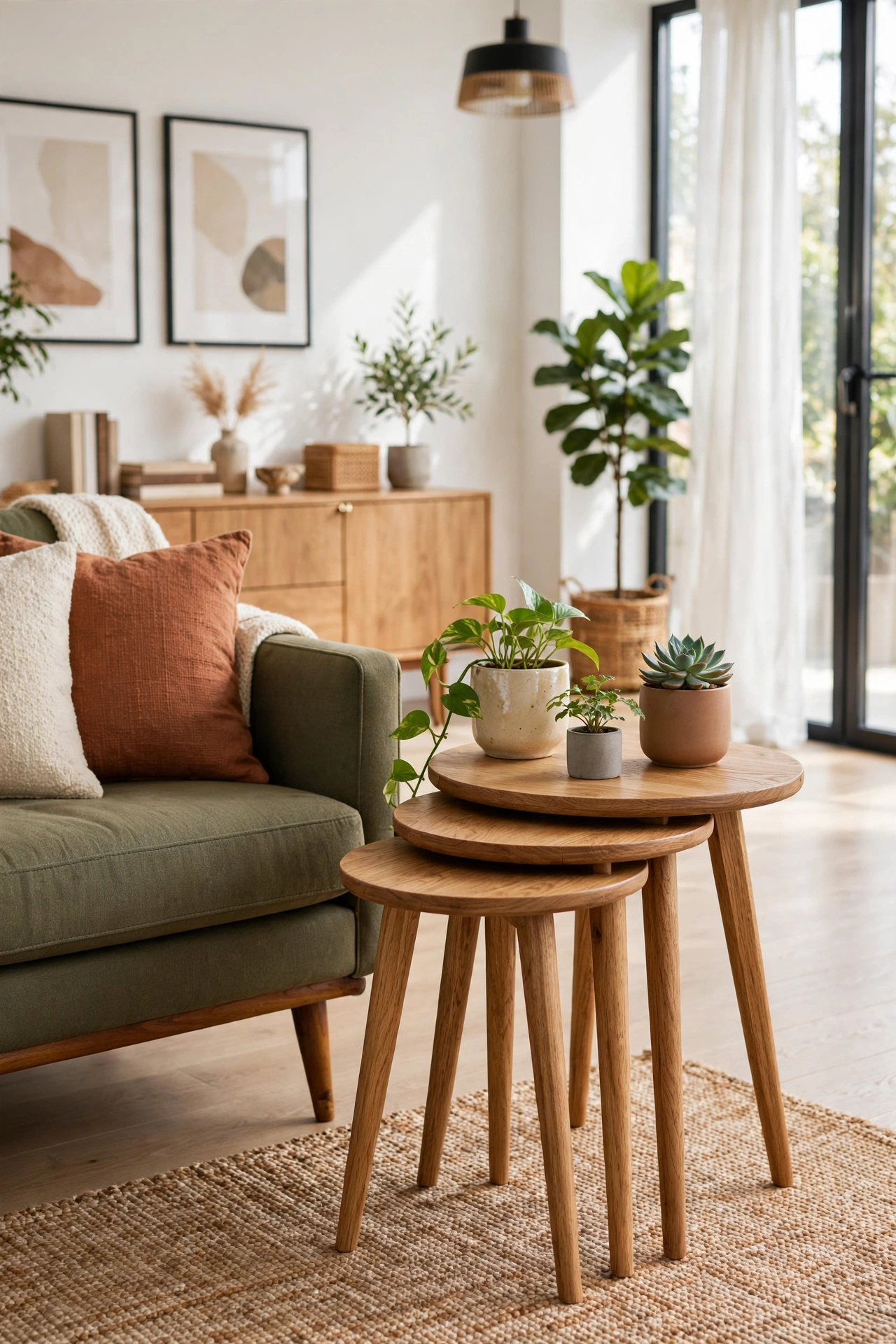 Three nested wooden tripod side tables in graduated heights beside a sofa