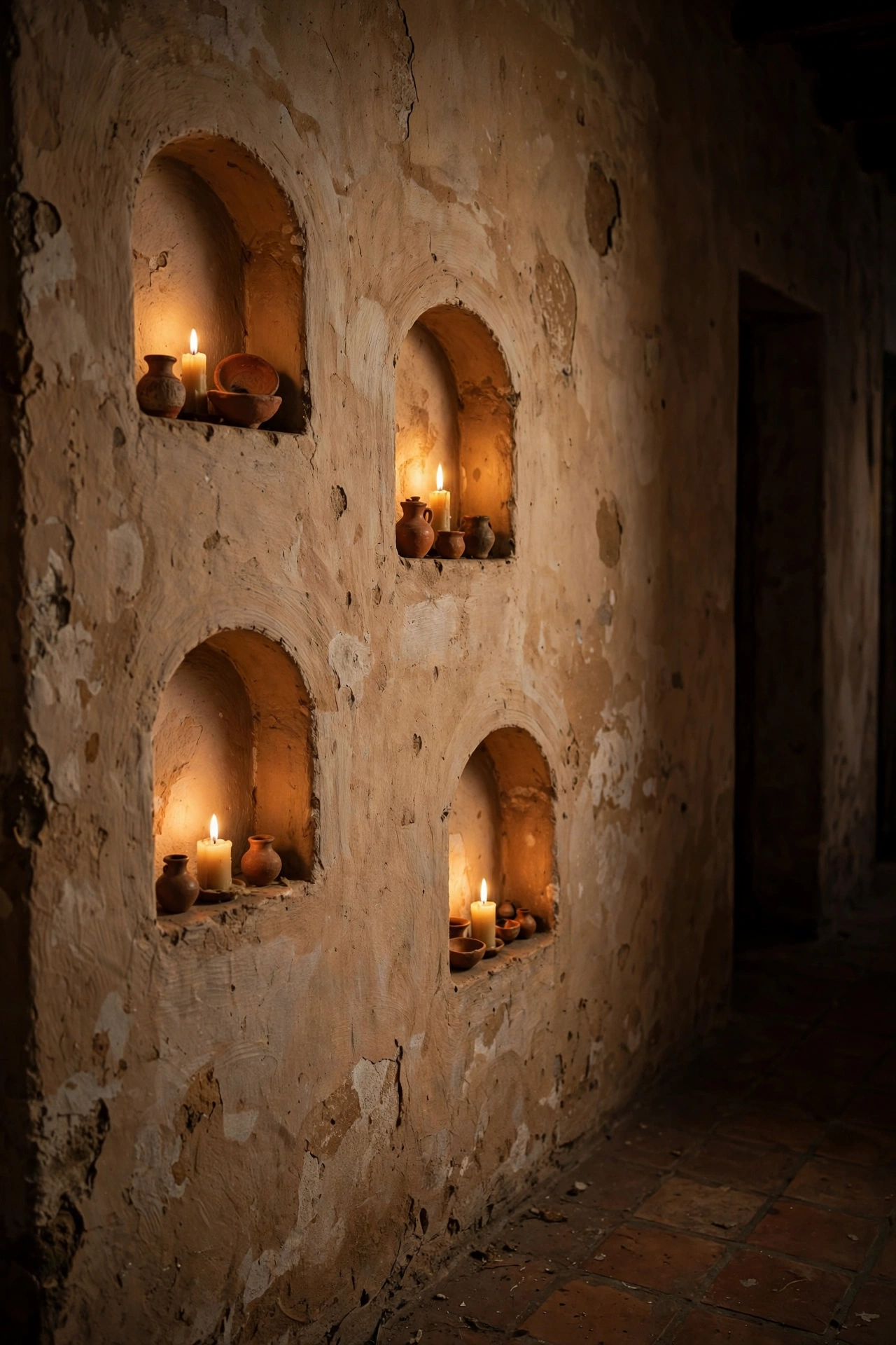 Plaster wall with small arched nichos niches holding candles and clay pottery