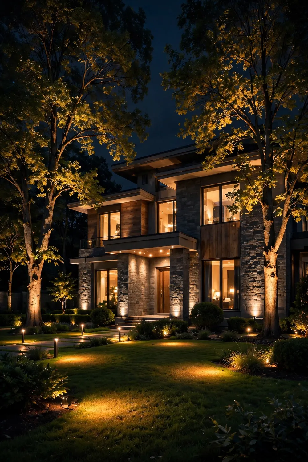 House exterior at night with dramatic uplighting on trees and architecture above a glowing lawn