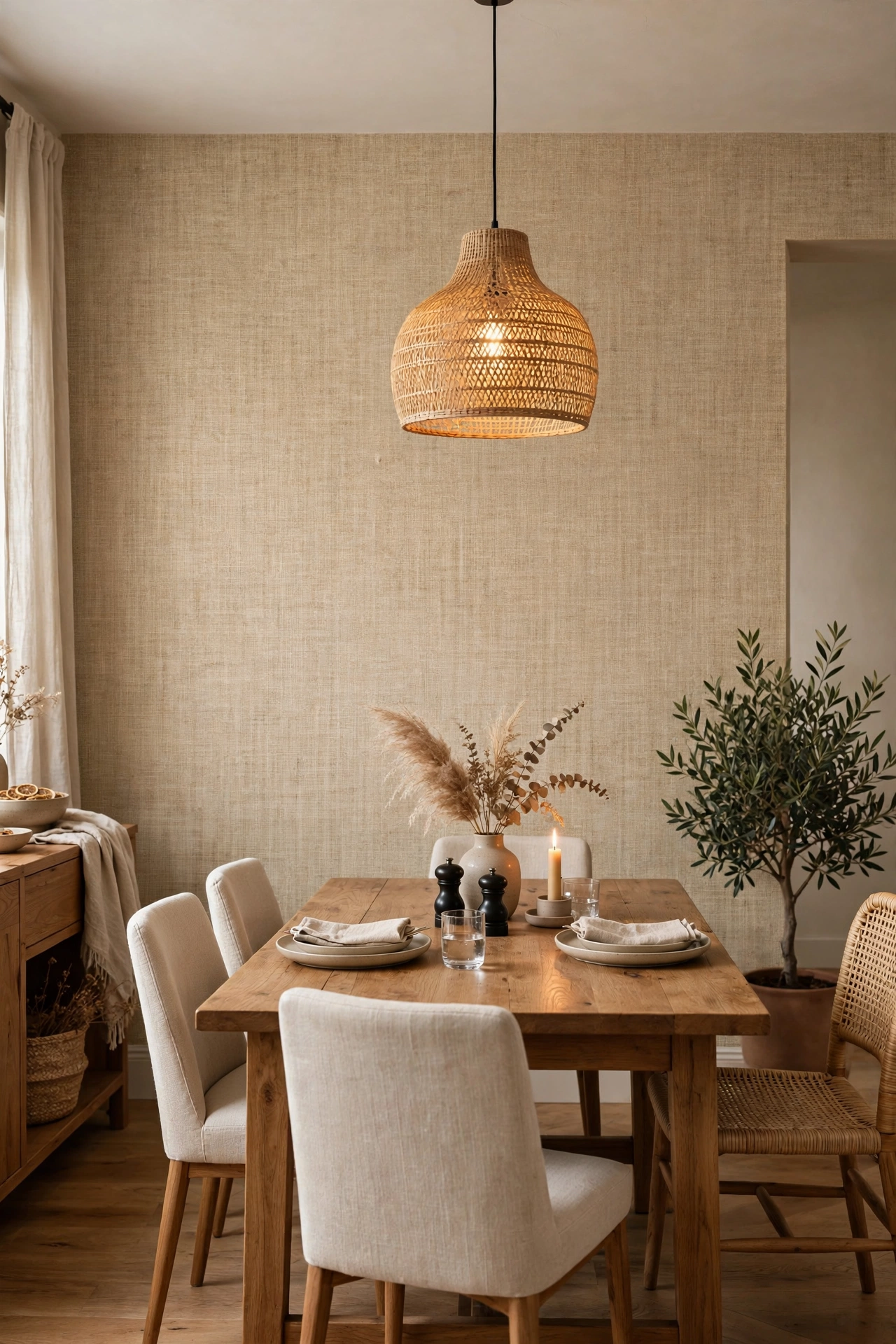 Dining room with NuWallpaper natural beige faux-grasscloth textured peel-and-stick wallpaper