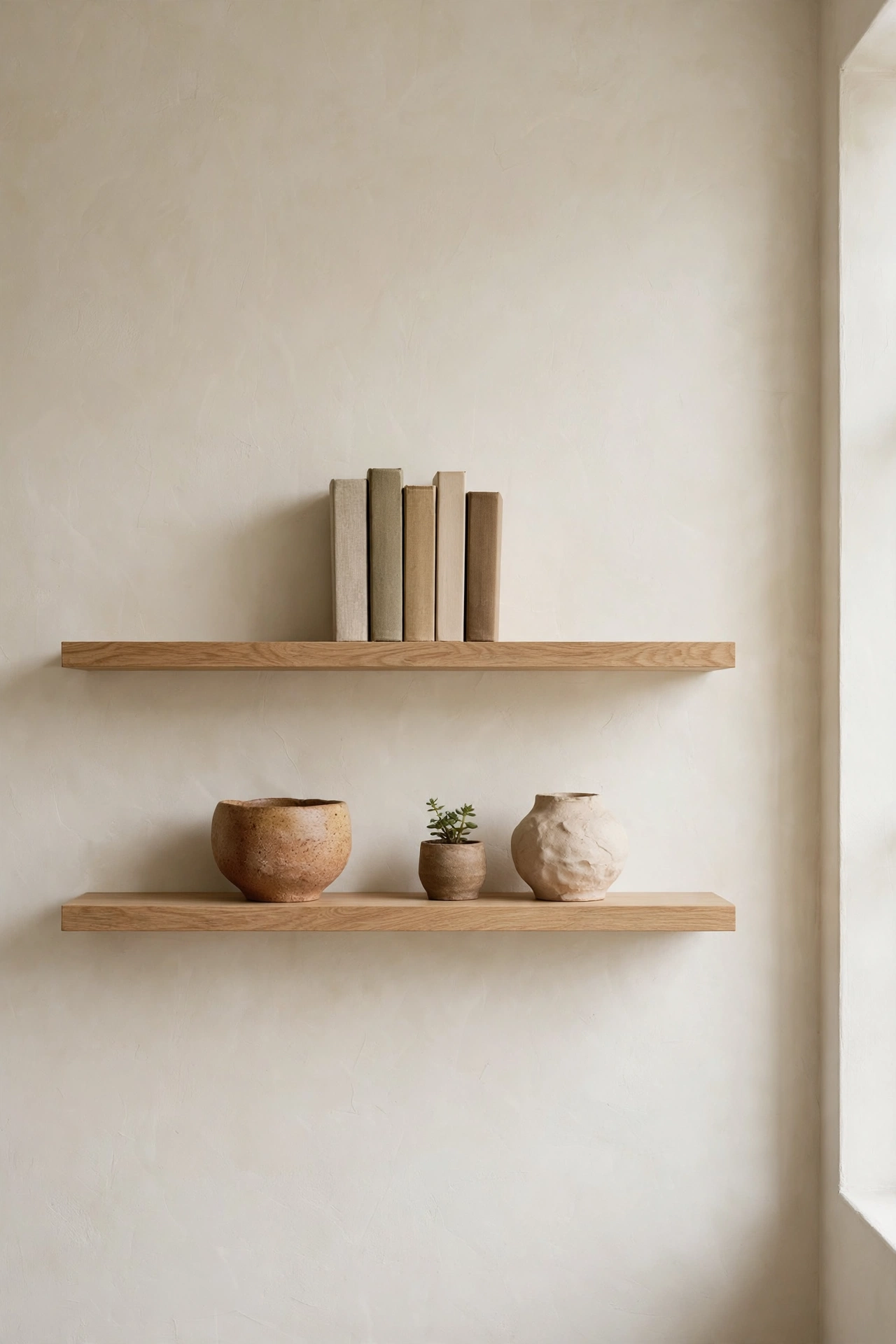 Floating oak shelves styled with ceramics books and a small plant on a white wall