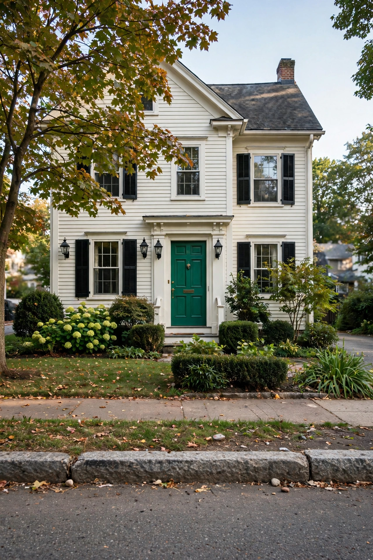Off-white traditional house with a striking emerald green front door and black lanterns