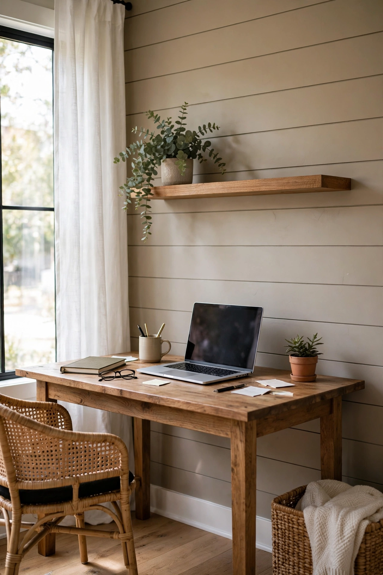 Home office with a warm greige shiplap accent wall behind a wooden desk