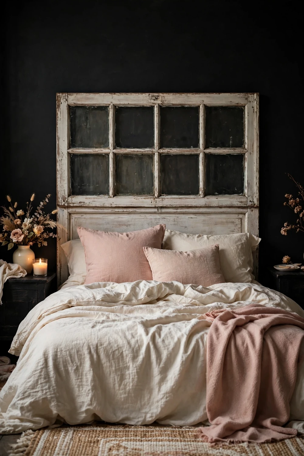 Vintage whitewashed window frame used as headboard on black bedroom wall