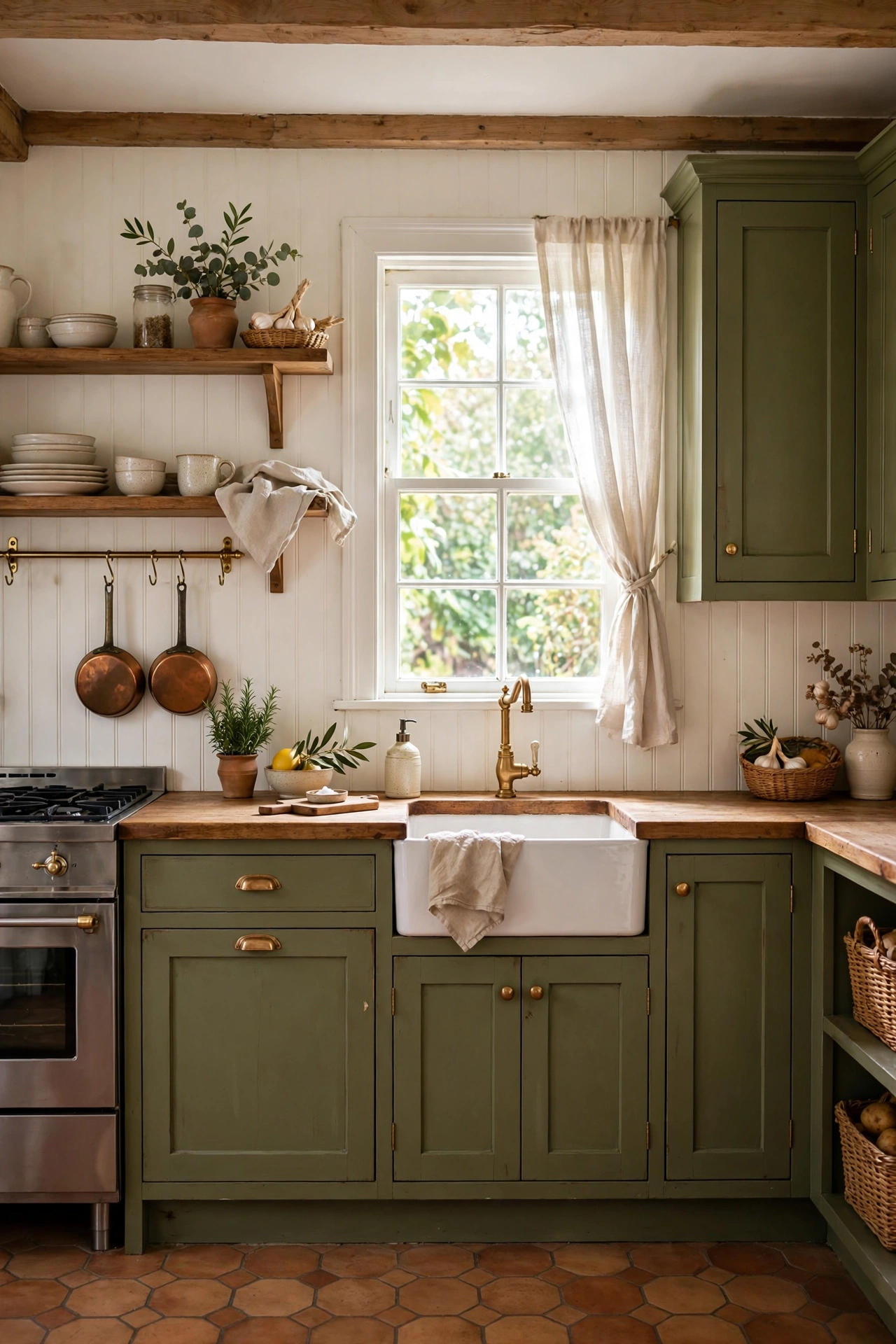 Cottage kitchen with olive green cabinets and beadboard backsplash
