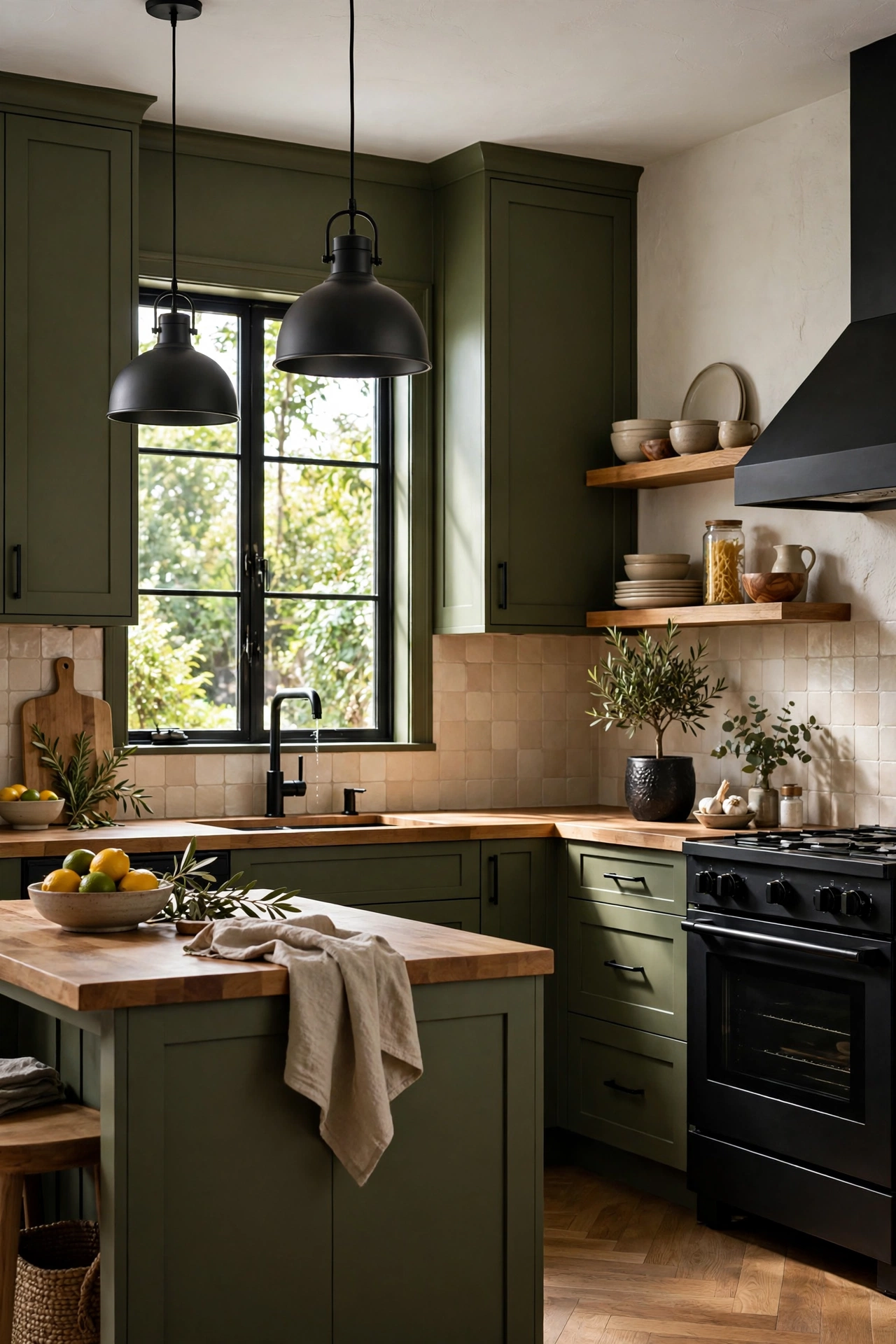 Olive green kitchen with matte black hardware, faucet, and light fixtures