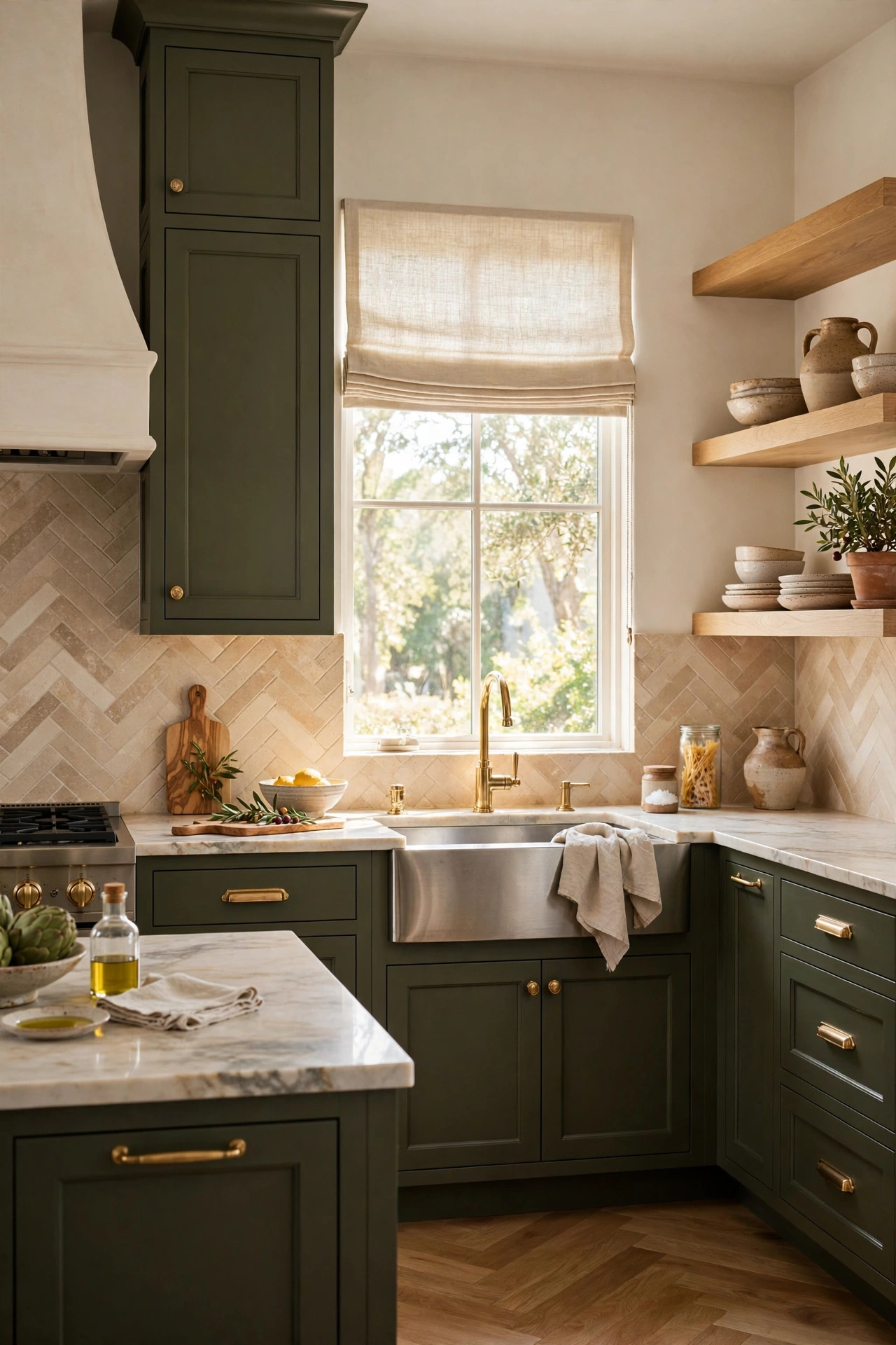 Dark olive green kitchen cabinets with unlacquered brass pulls and knobs
