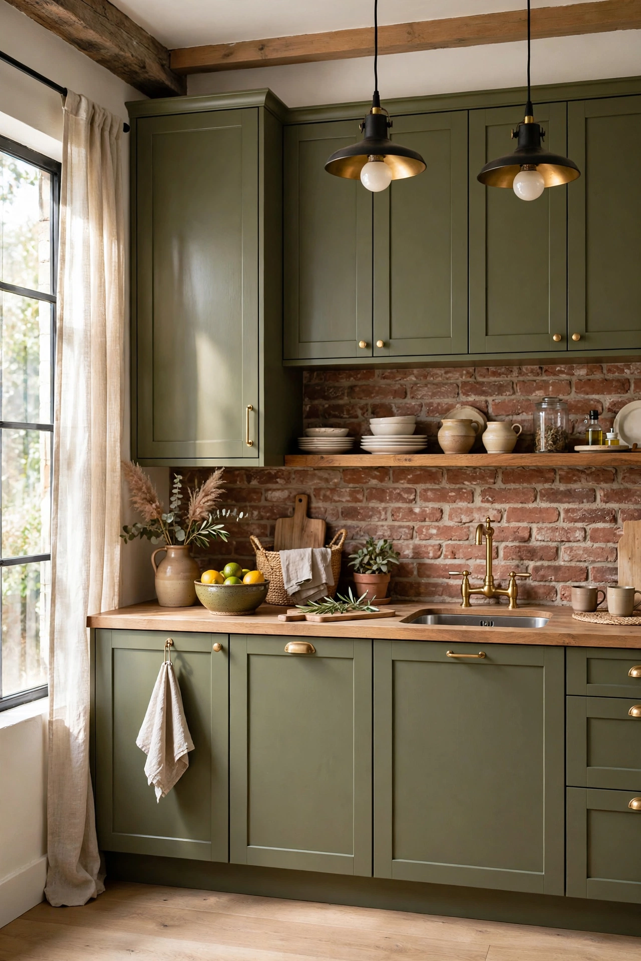 Olive green cabinets with exposed brick backsplash wall, rustic modern kitchen