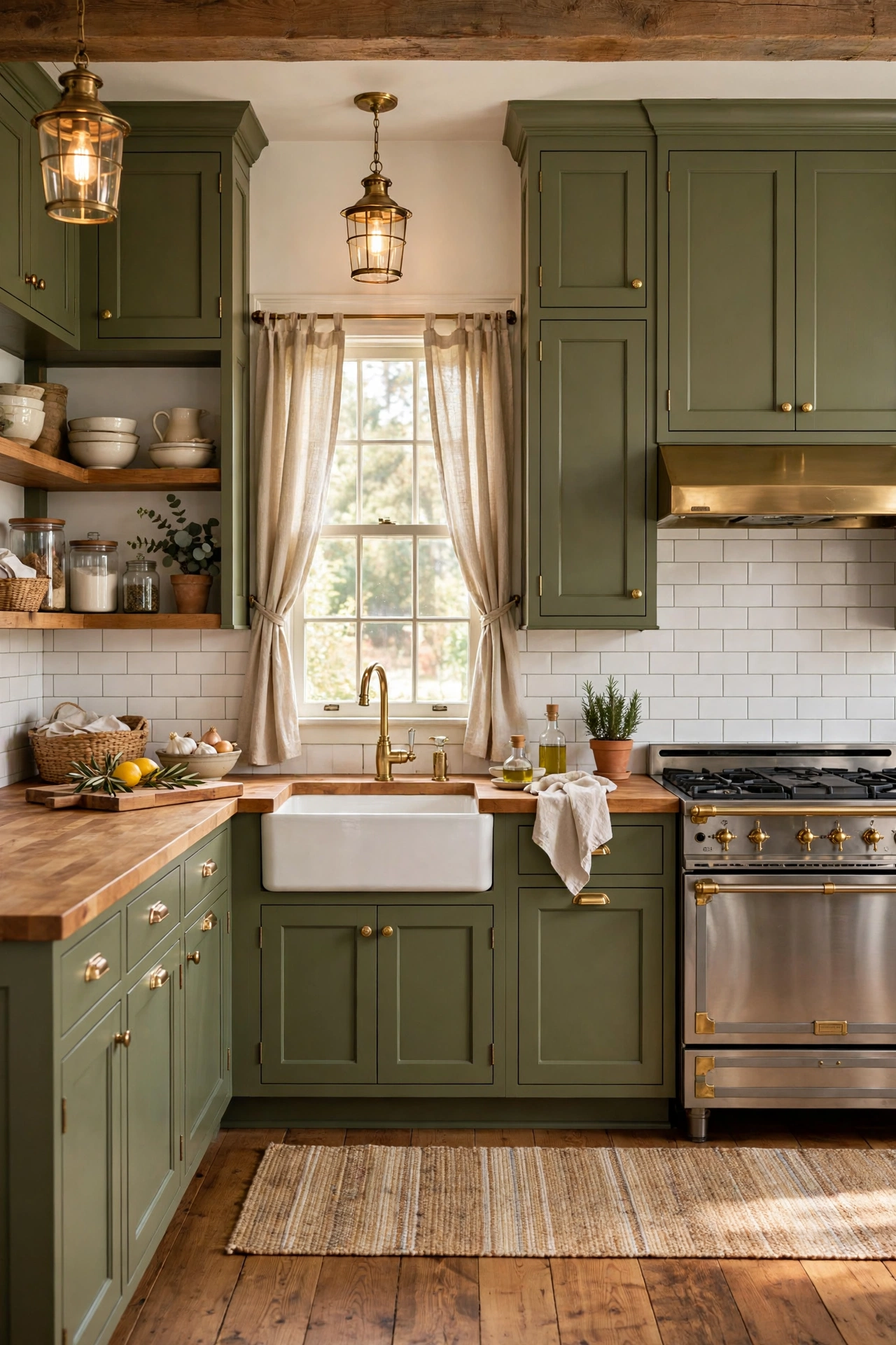 Kitchen with full olive green cabinets and warm butcher block countertops