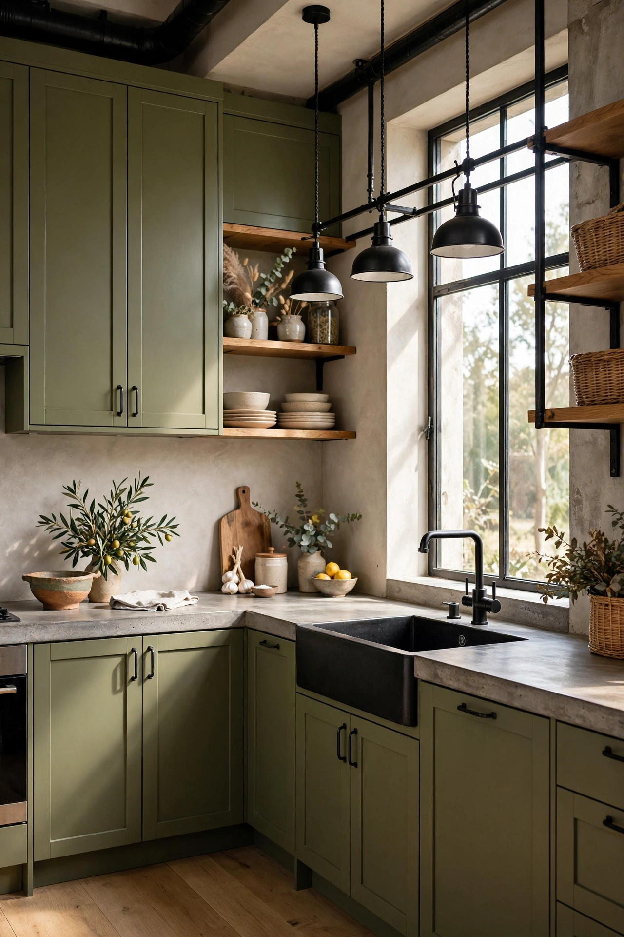 Olive green cabinets with honed concrete countertops, industrial organic kitchen