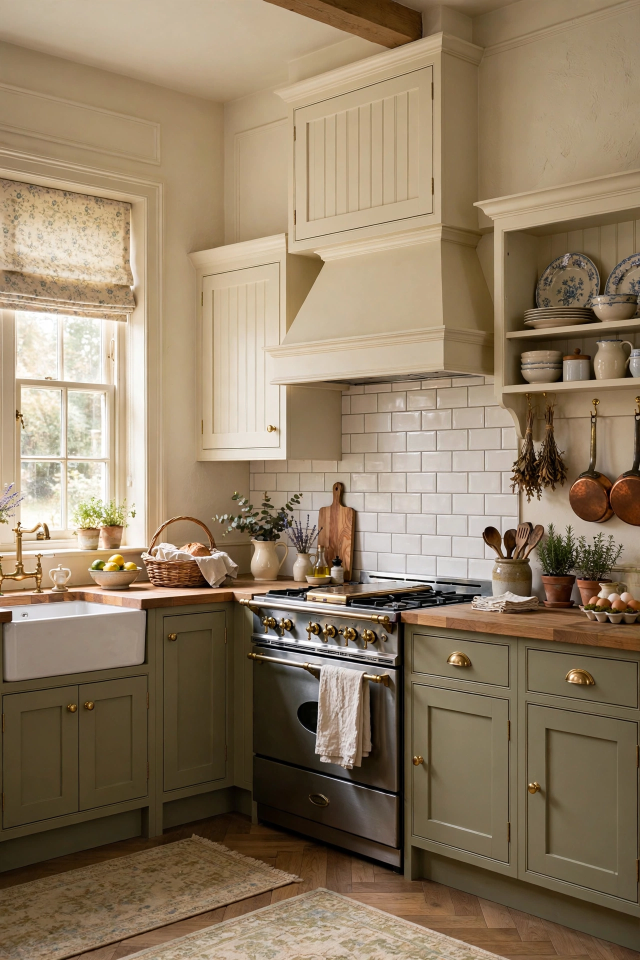 Olive green kitchen with cream walls and cabinets, English country style