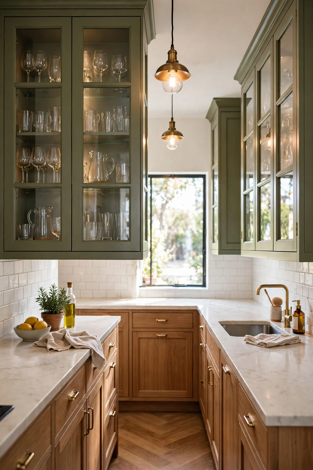 Olive green upper cabinets with glass fronts showing glassware in a galley kitchen