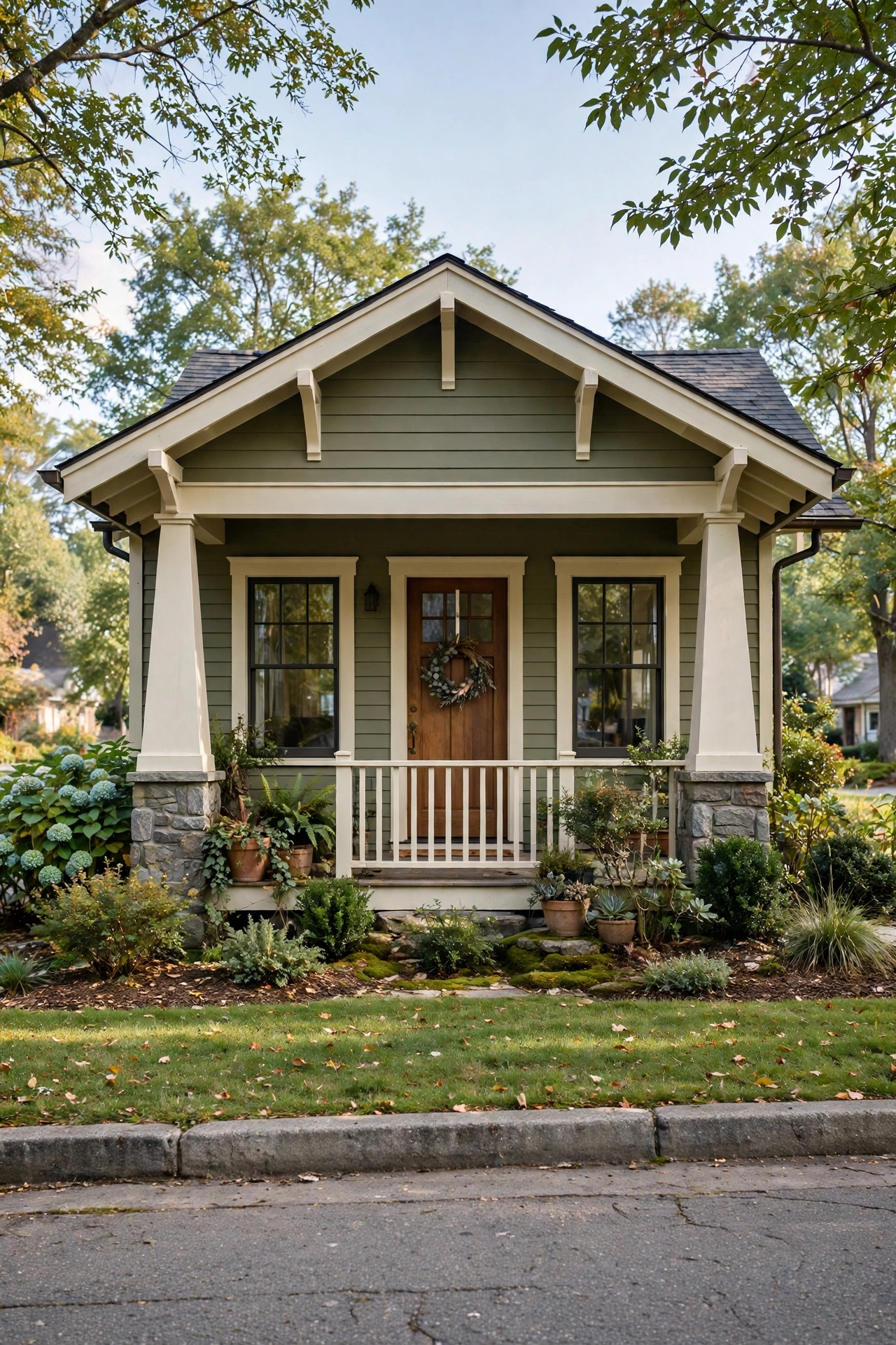 Olive green craftsman bungalow with off-white trim and tapered porch columns