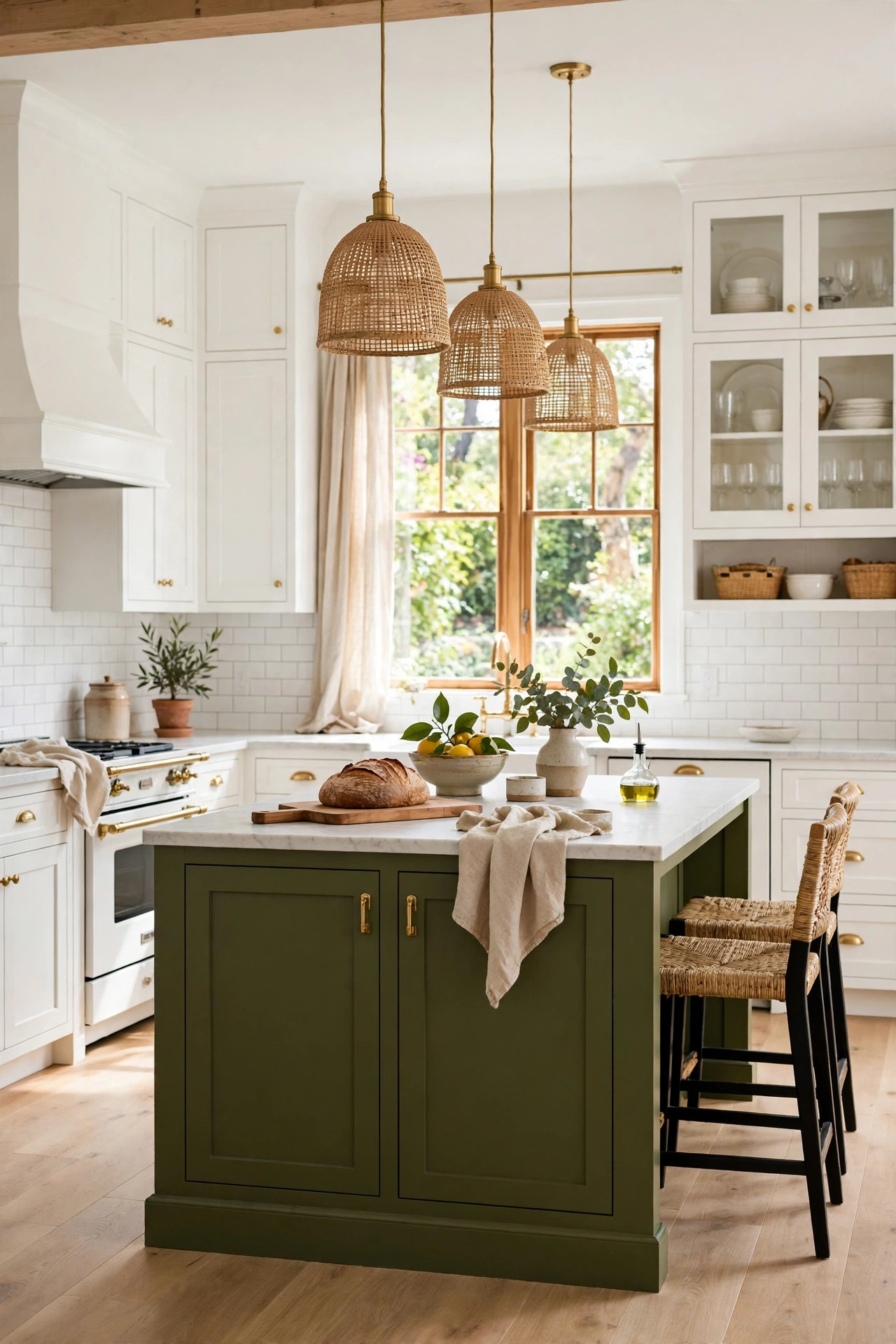 White kitchen with a bold olive green island as the centerpiece