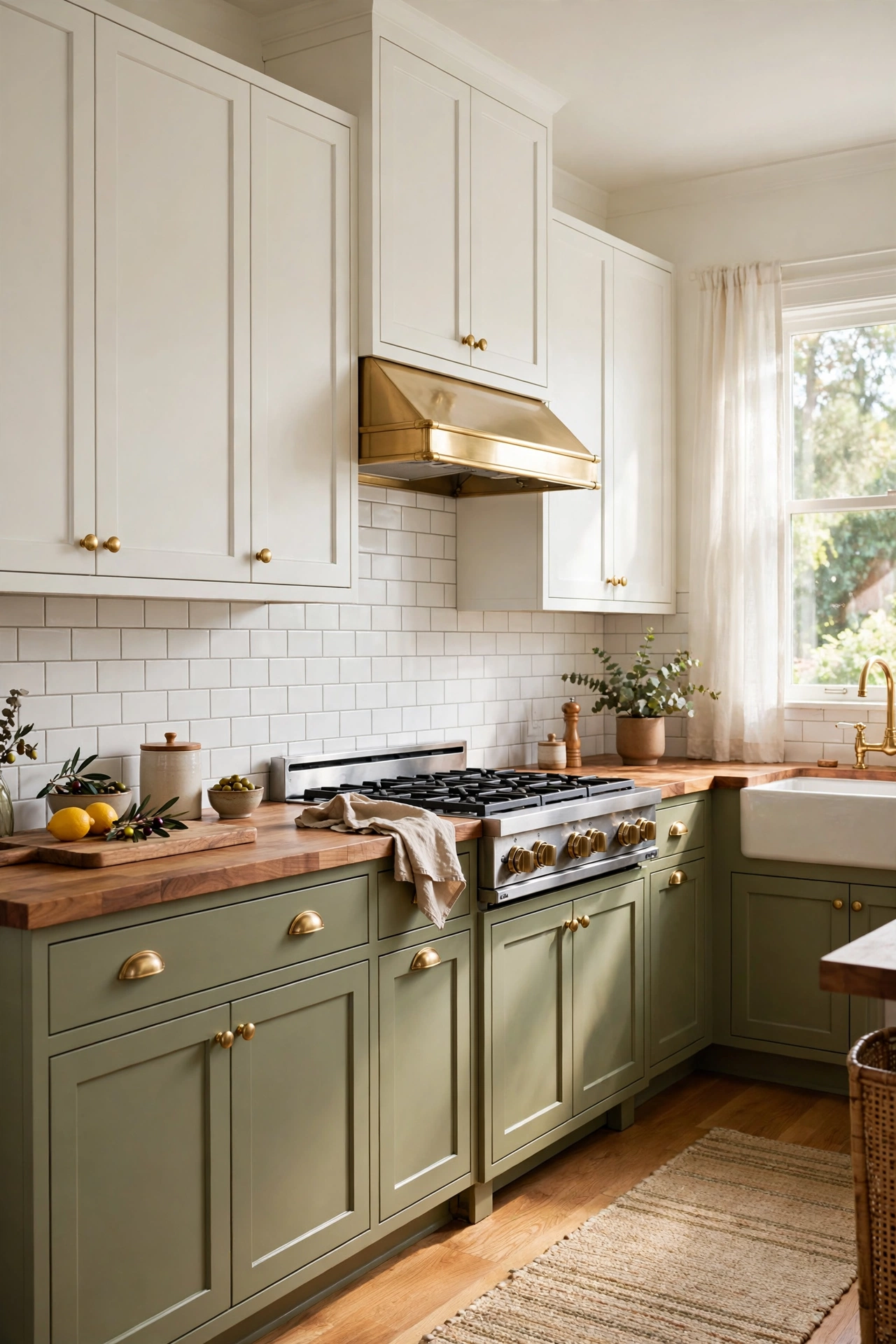 Two-tone kitchen with olive green base cabinets and white upper cabinets