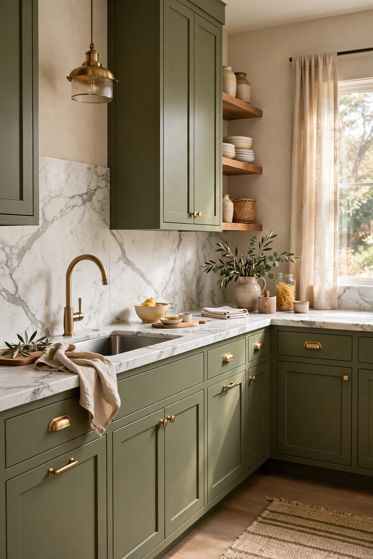 Olive green cabinets paired with white marble countertops with grey veining