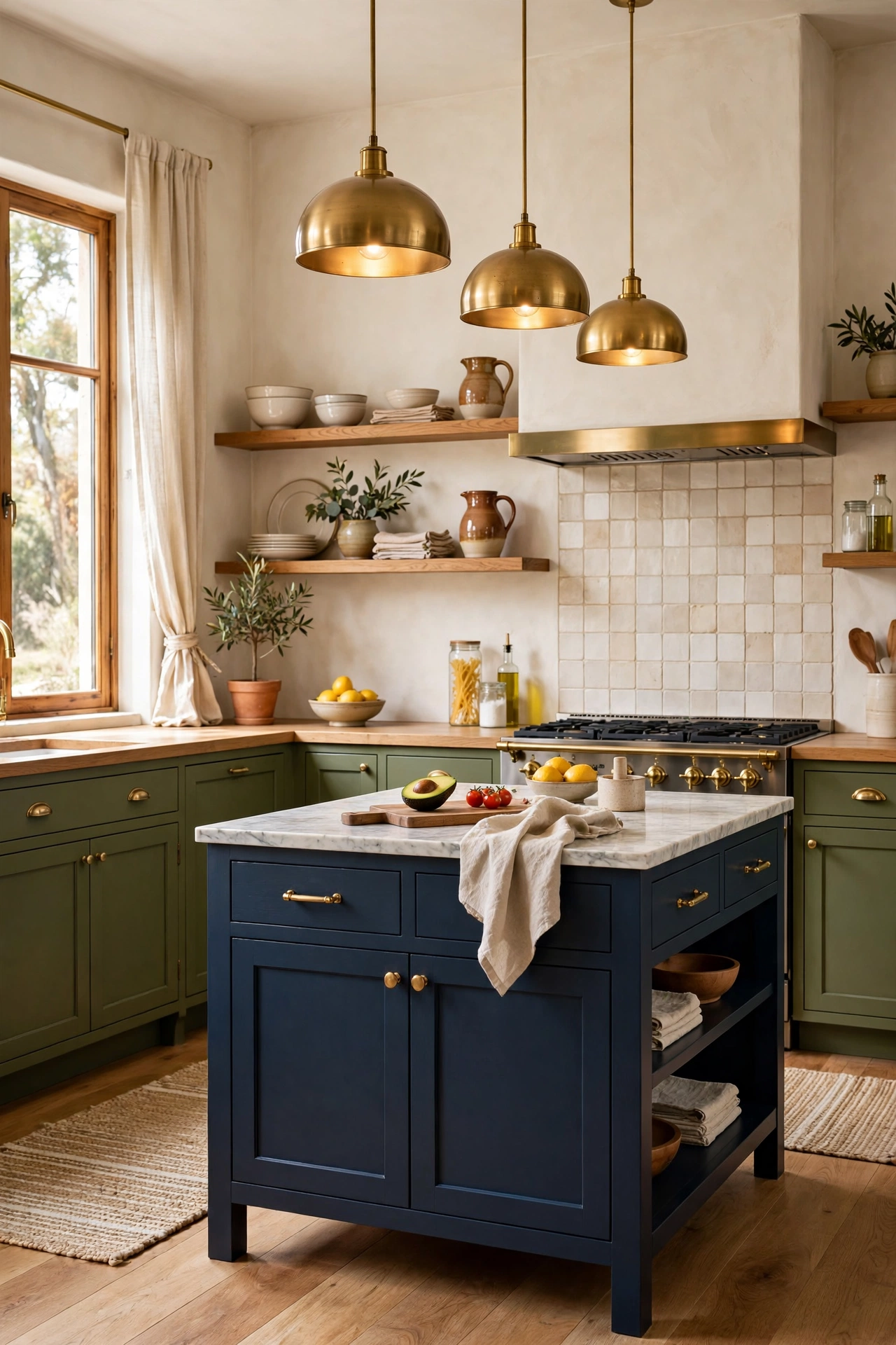 Bold kitchen with olive green lower cabinets and navy island, brass hardware