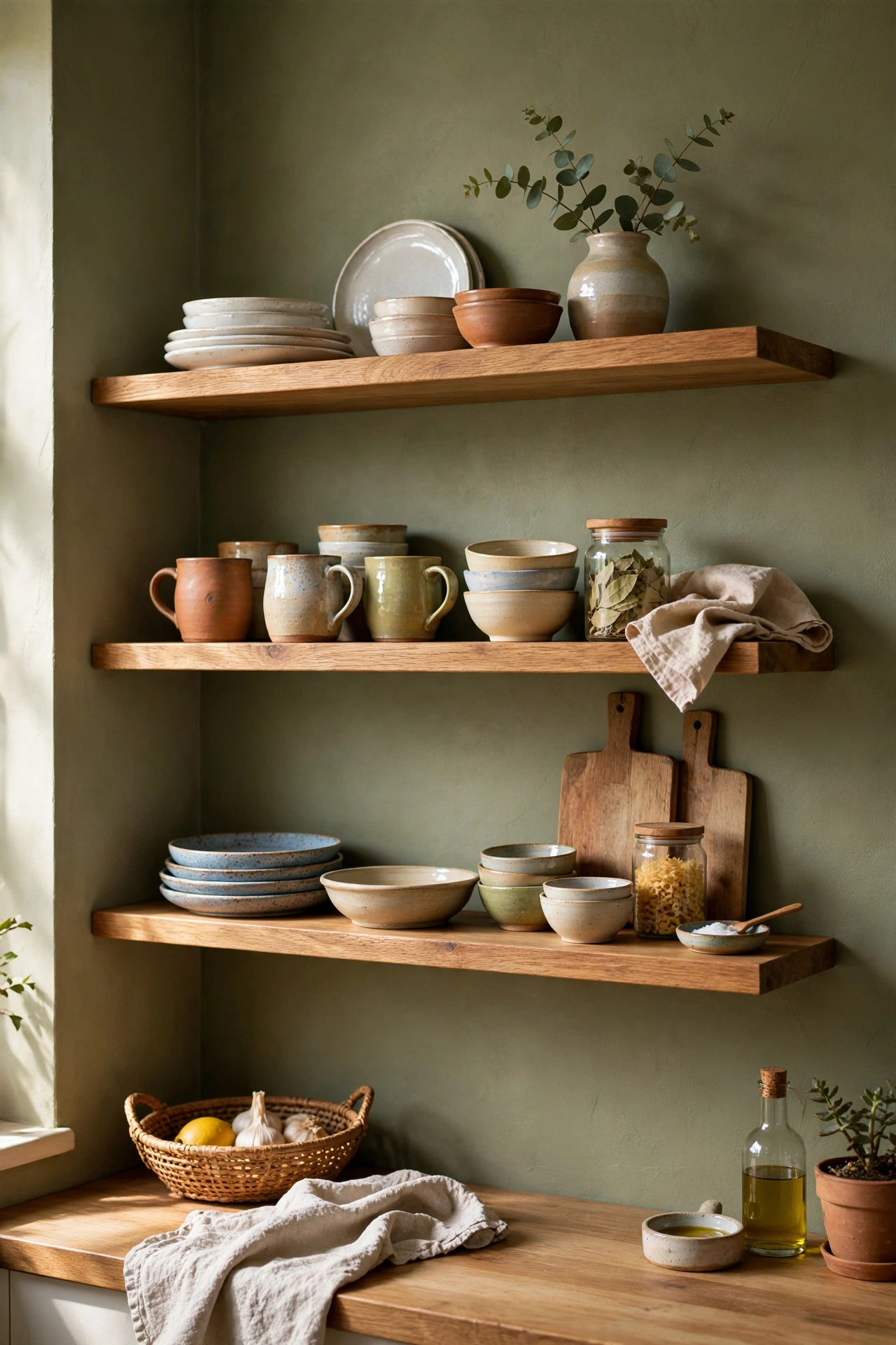 Open wood shelves on an olive green kitchen wall displaying dishes