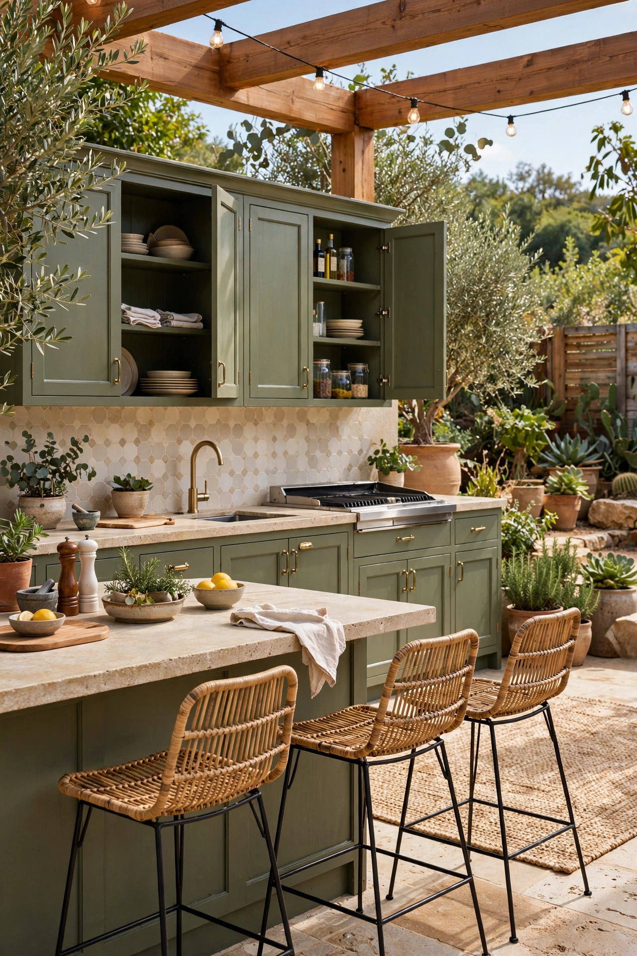 Outdoor kitchen with weather-rated olive green cabinets and patio bar